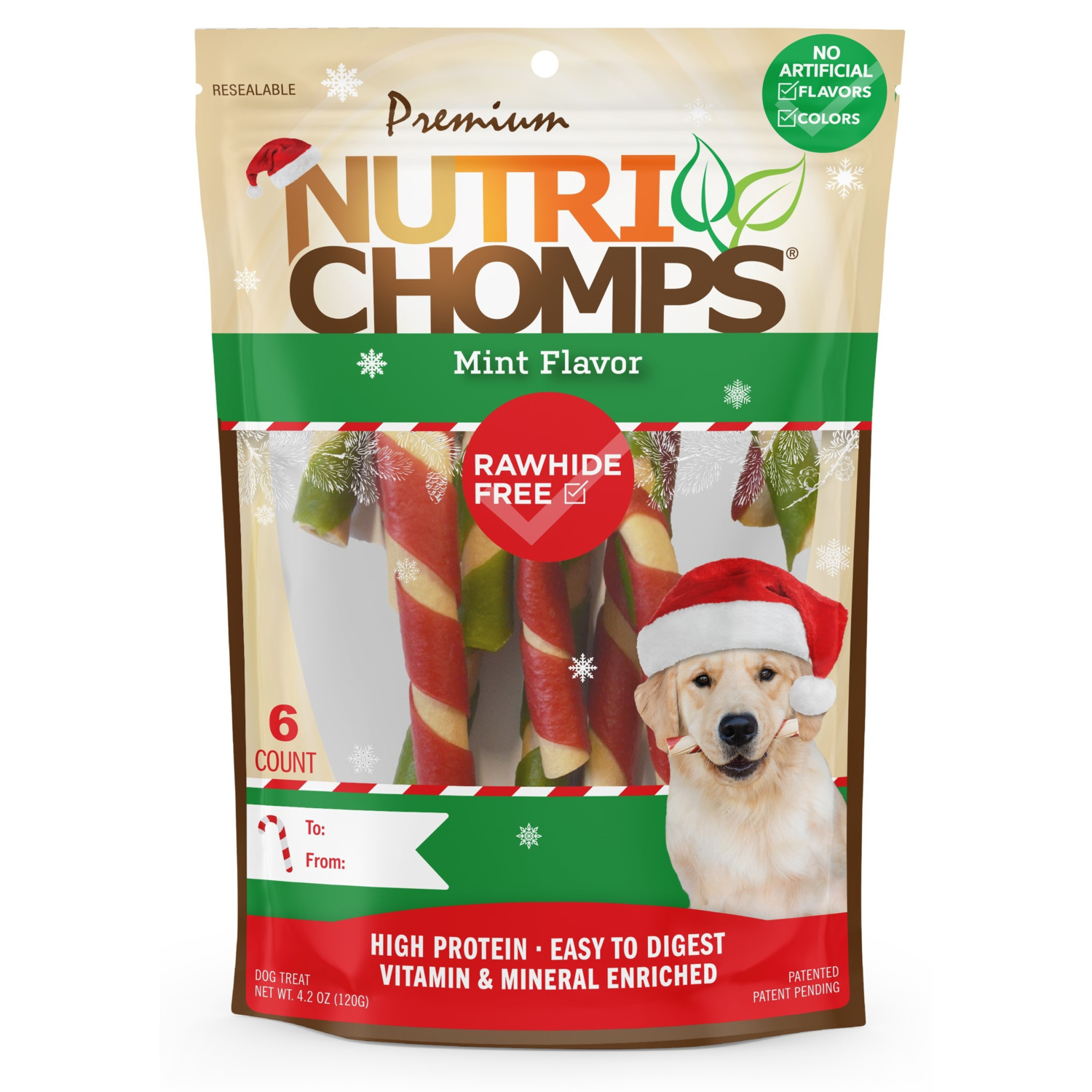 Nutrichomps Rawhide Free Holiday Candy Cane Dog Treats, 6"