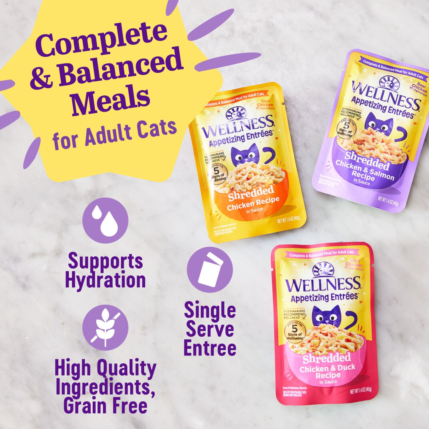 Wellness Appetizing Entrees Shredded Adult Wet Cat Food, Natural, Protein-Rich, Grain-Free Chicken & Salmon Recipe, 1.4 Ounce Pouch 8-Pack