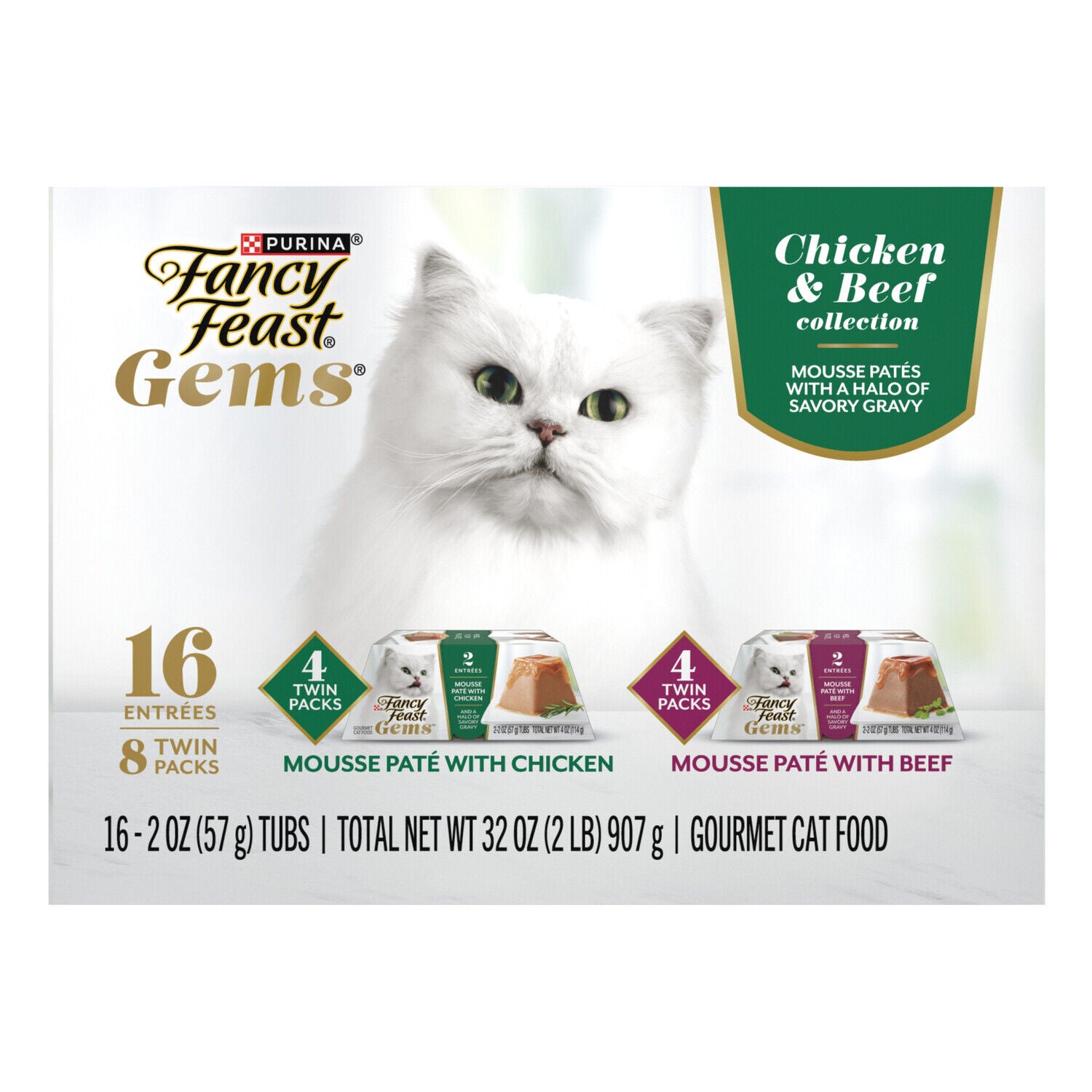 Fancy Feast Gems Pate Wet Cat Food Mousse Chicken Or Beef And A Halo Of Savory Gravy Variety Pack,&nbsp;2-Ounce Tub 16-Pack