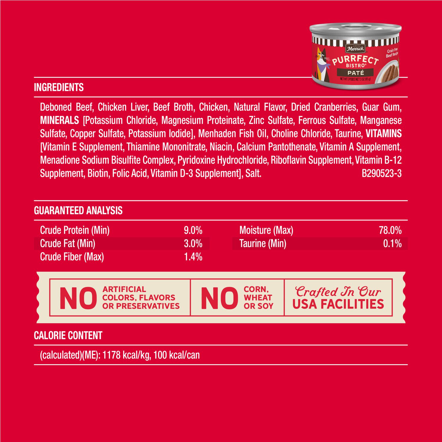 Merrick Purrfect Bistro Grain-Free Premium Pate Adult Wet Cat Food, Beef Recipe, 3-Oz Can