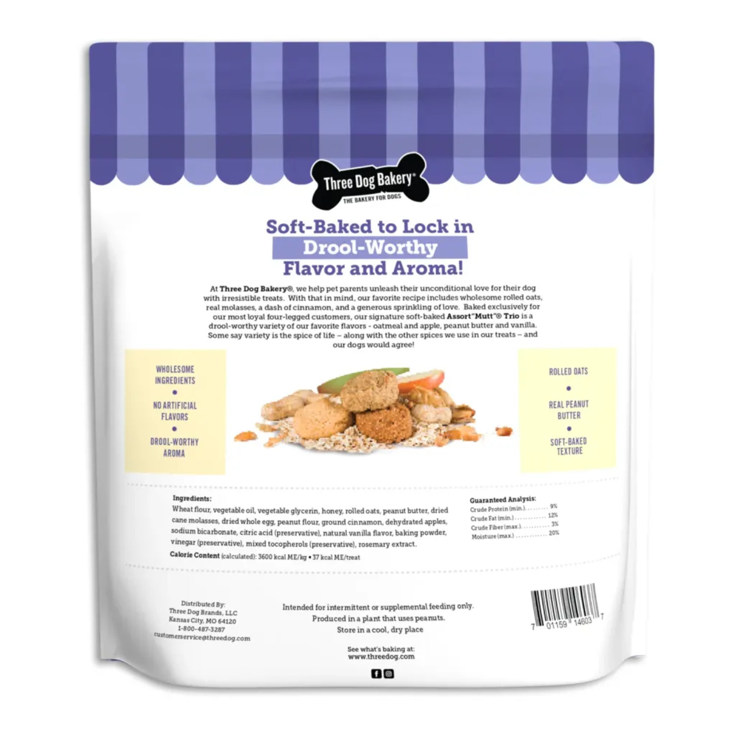 Three Dog Bakery Assort-"Mutt" Trio Soft Baked Dog Treats With Peanut Butter, Apple, And Vanilla Cookies, 26Oz