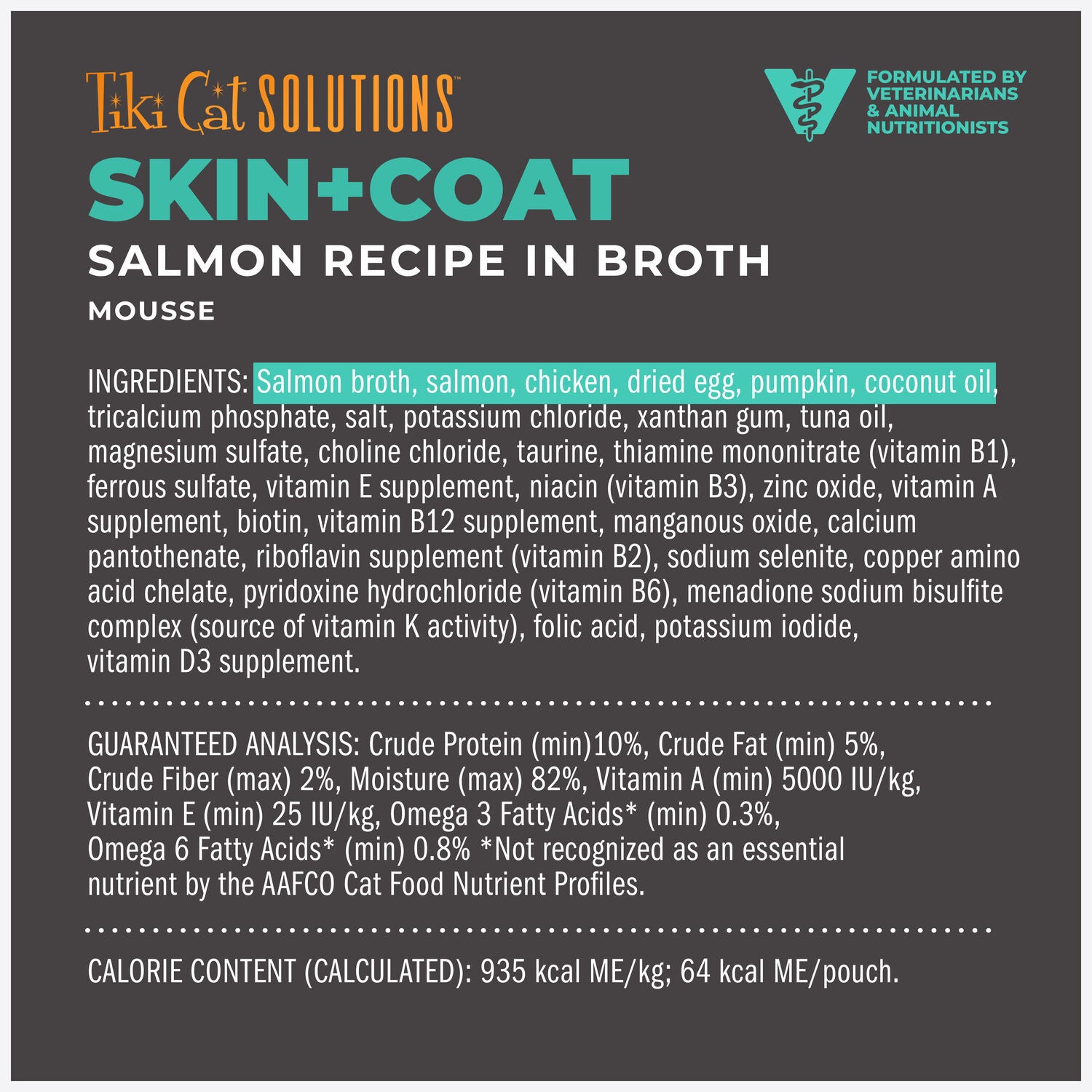Tiki Cat Solutions Mousse Wet Cat Food, Skin + Coat, Salmon Recipe In Broth, 2.4-Oz Pouch Pack Of 12