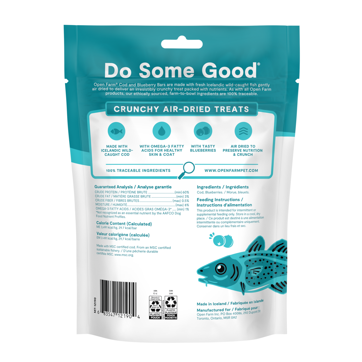 Open Farm Air-Dried Cod And Blueberry Crunchy Bars Dog Treats, 4.1-Oz Bag