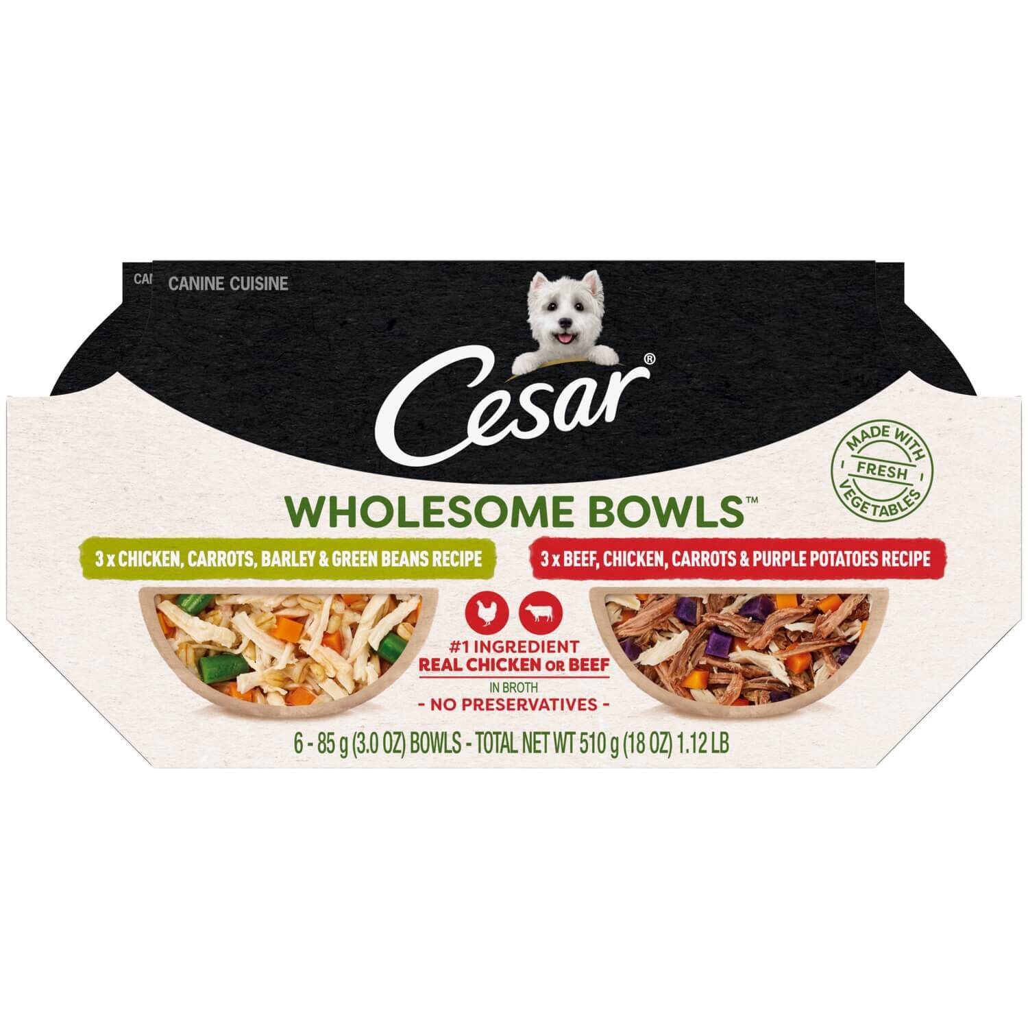 Cesar Wholesome Bowls Wet Dog Food Variety Pack, Chicken Or Beef Recipes, 3Oz/6Ct