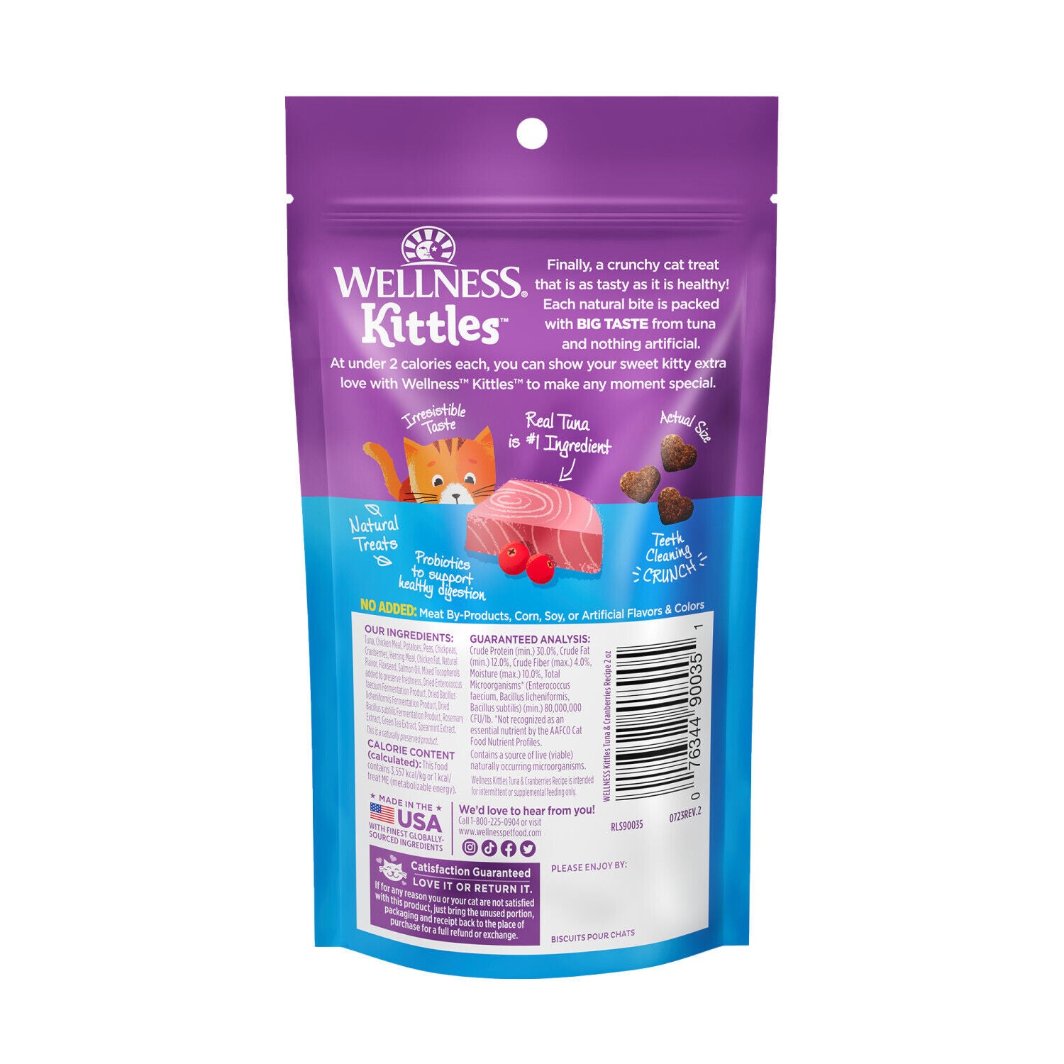Wellness Kittles Crunchy Natural Grain Free Cat Treats, Tuna & Cranberries Recipe, All Life Stages, 2-Ounce Bag