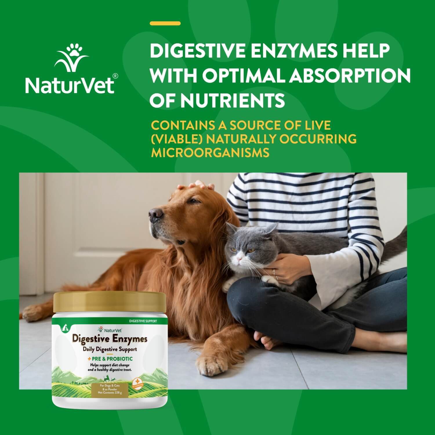 Naturvet Digestive Enzymes Plus Pre & Probiotics Powder Supplement For Dogs & Cats