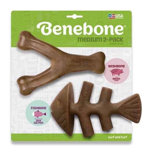 Benebone 2 Pack Fishbone/Wishbone Bacon Dog Chew Toy