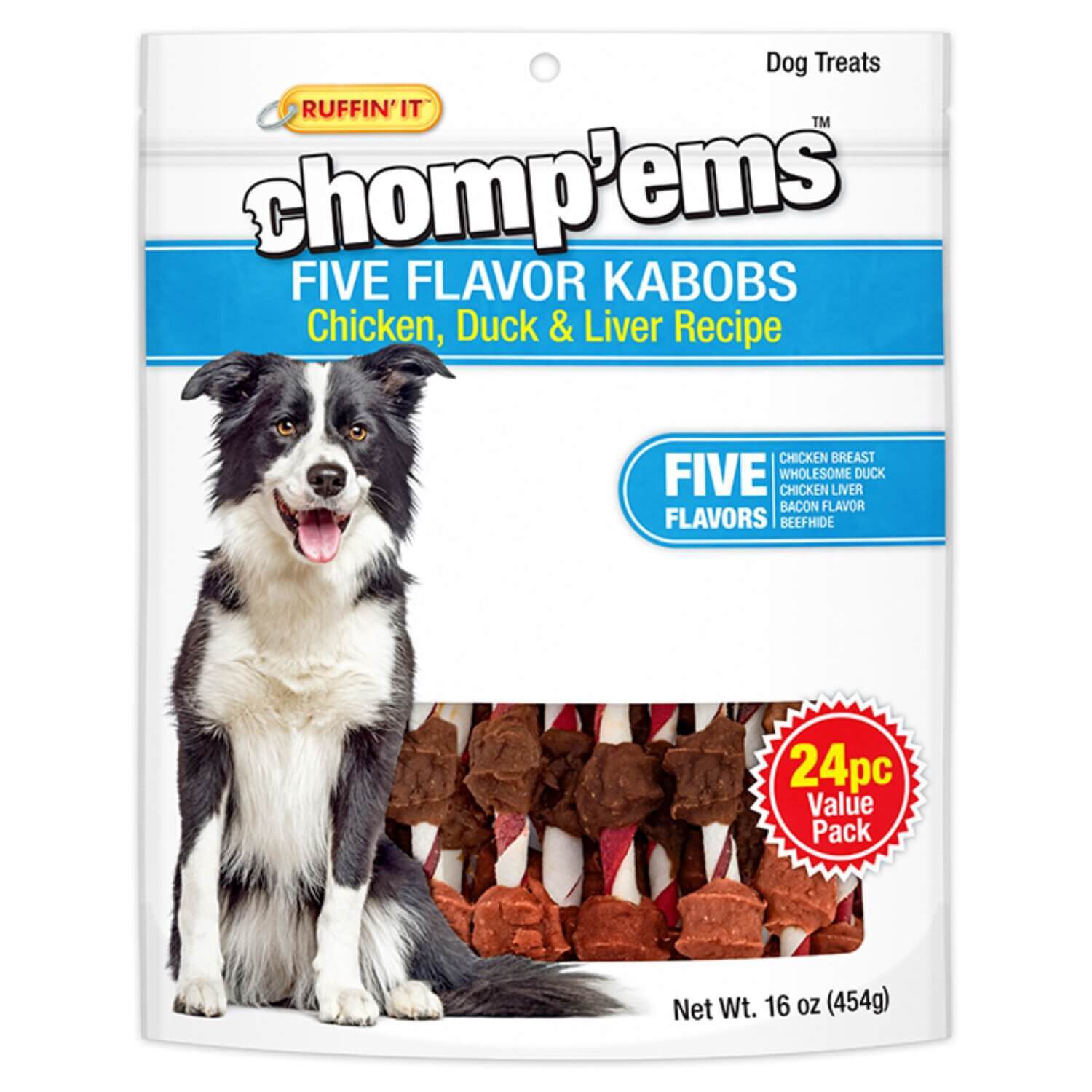 Ruffin' It Chomp'ems Five Flavor Kabobs Dog Treats, 24Pk