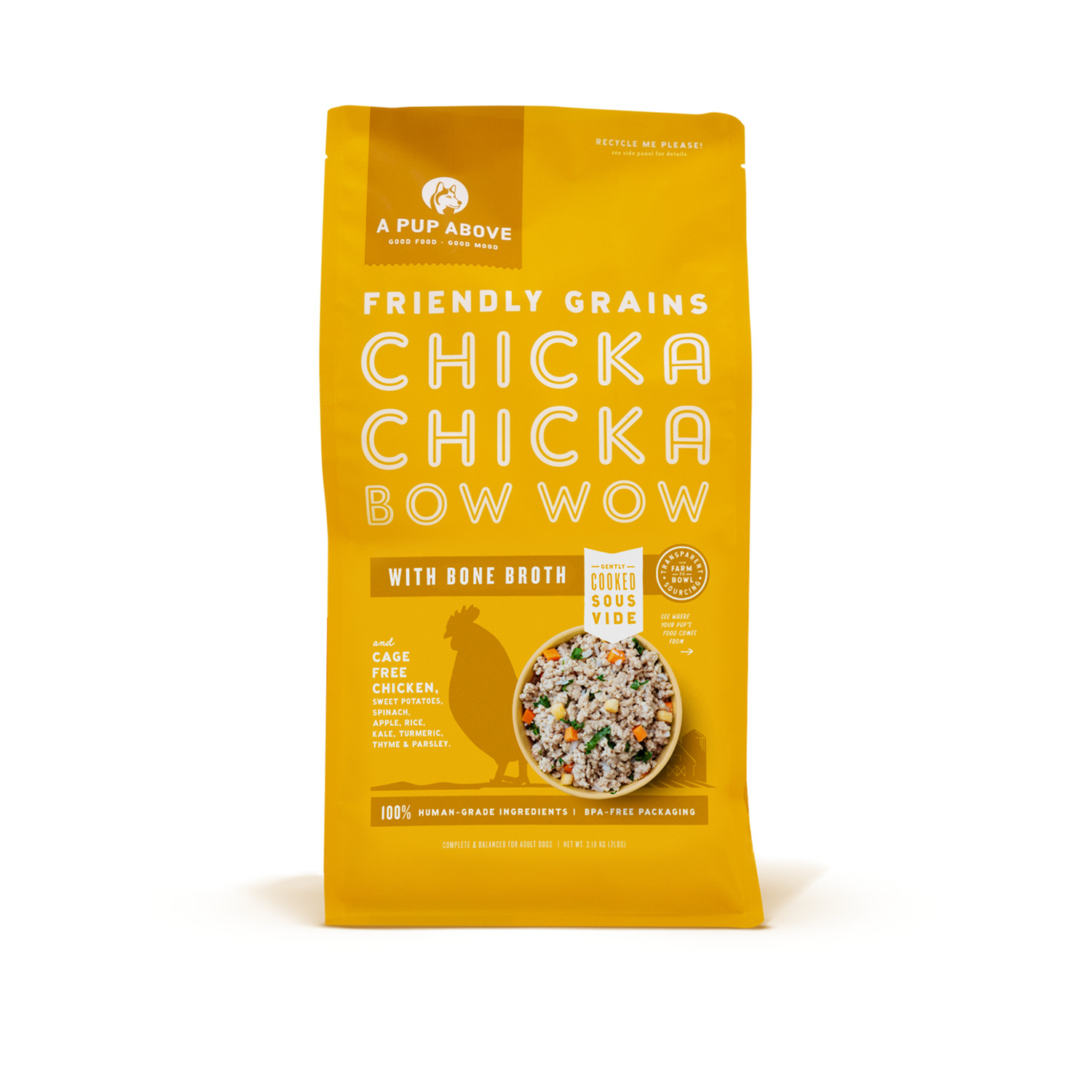 A Pup Above Gently Cooked With Friendly Grains Frozen Dog Food, Chicka Chicka Bow Wow With Bone Broth