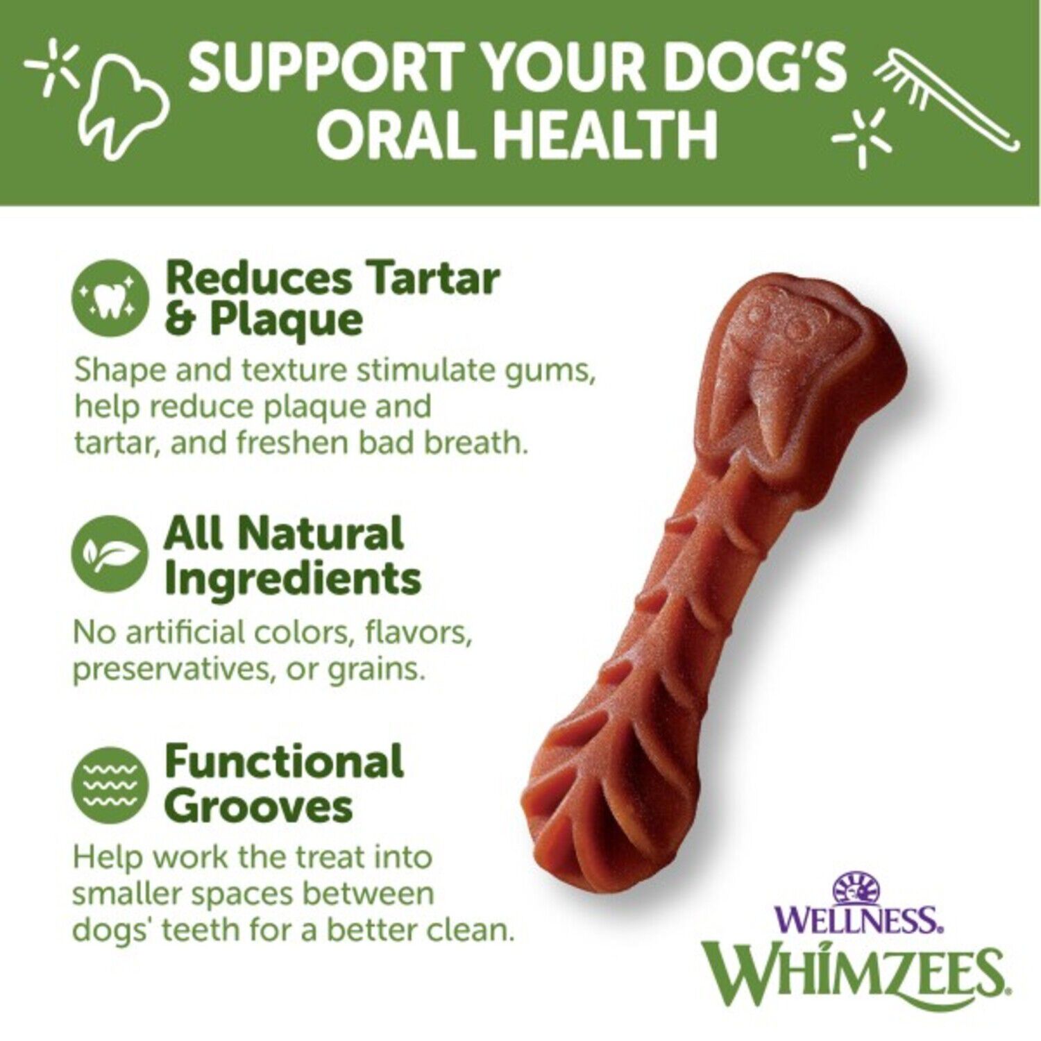 Whimzees Brushzees Natural Grain Free Dental Chews For Dogs, Small Breed, 24 Count