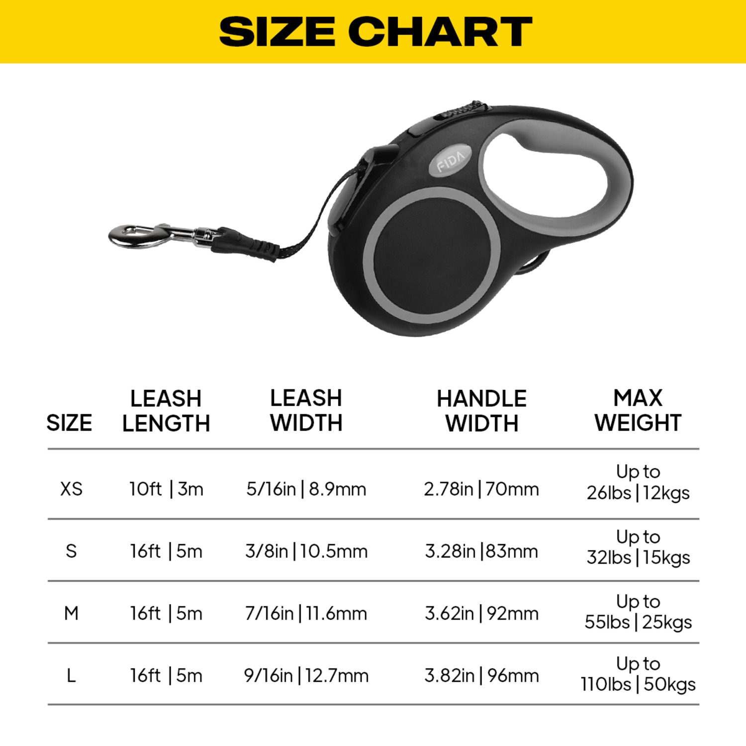 Fida Pet Comfort Series Retractable Dog Leash, Black - Medium