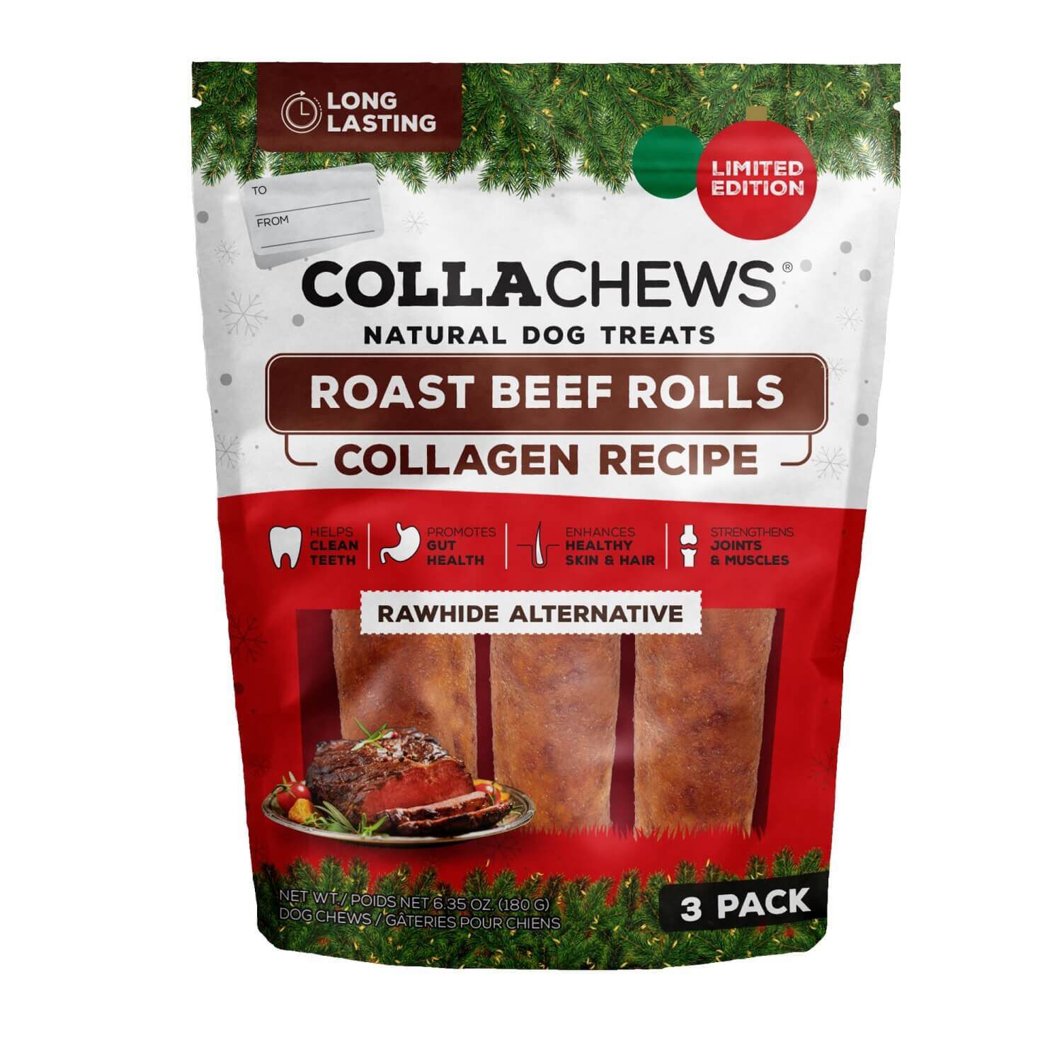 Collachews Roast Beef Roll Rawhide Alternative Natural Dog Treat, Medium 6", 3 Pk