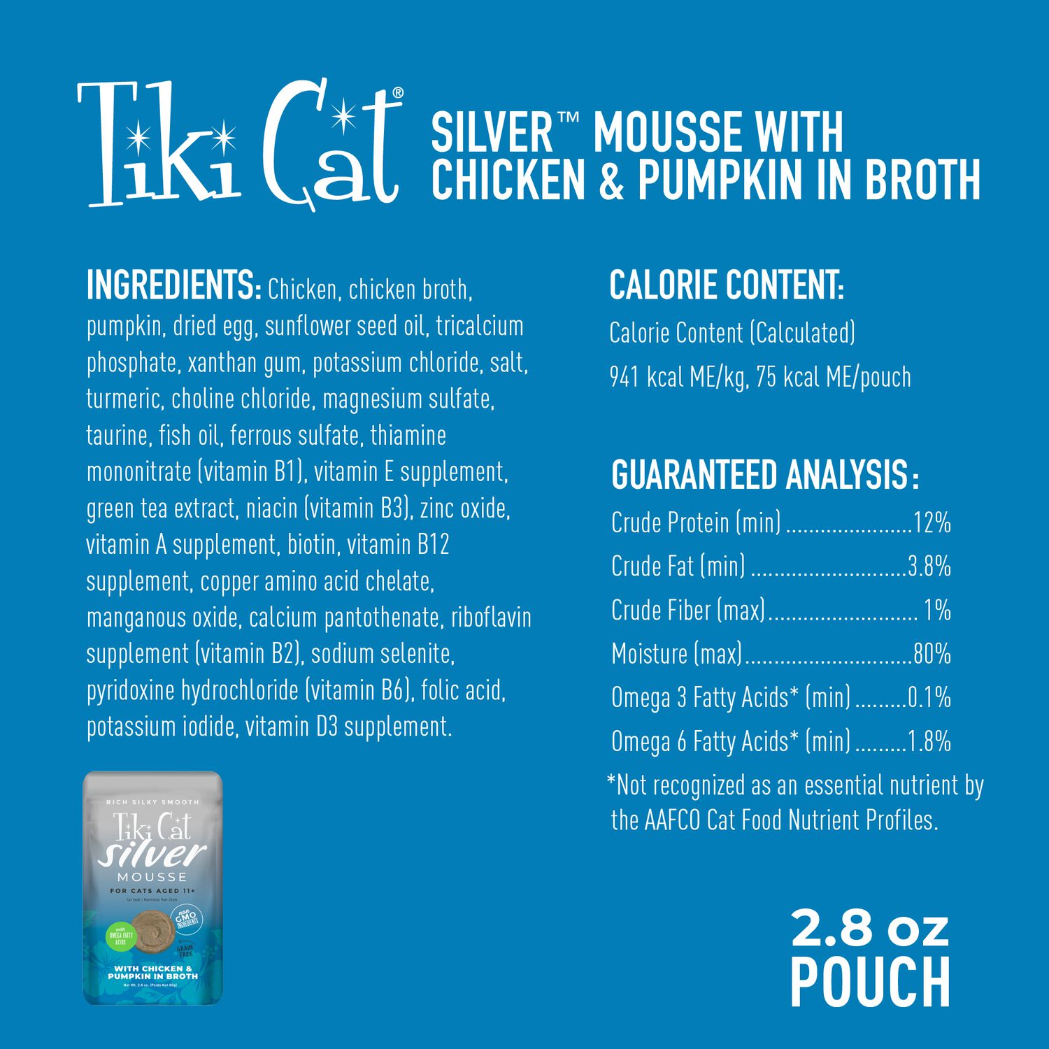 Tiki Cat Silver Mousse Wet Cat Food For Seniors, Chicken & Pumpkin, 2.8-Oz Pouch 12-Count
