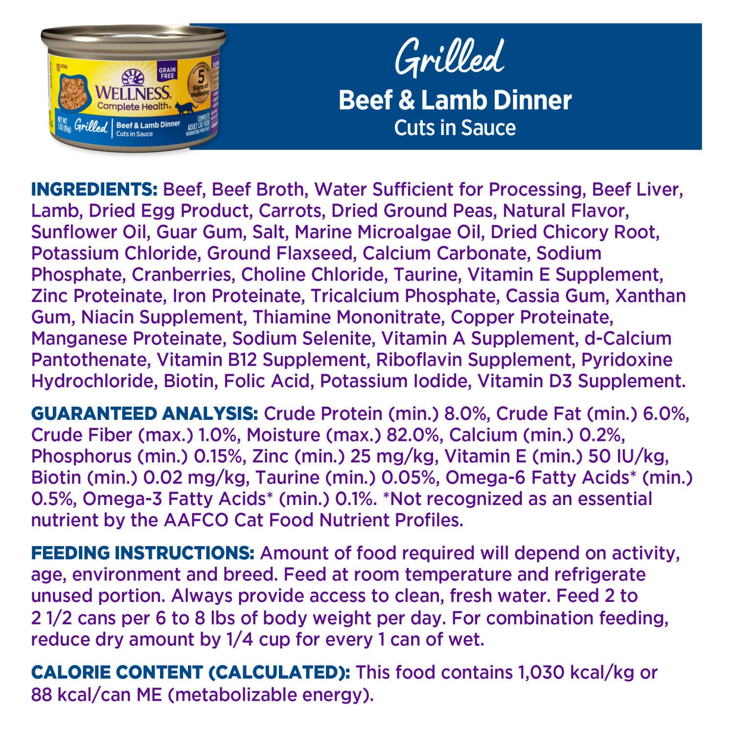 Wellness Complete Health Grilled, Adult Wet Cat Food, Natural, Protein-Rich, Grain-Free Beef And Lamb Dinner Recipe, 3-Oz, 12 Pack