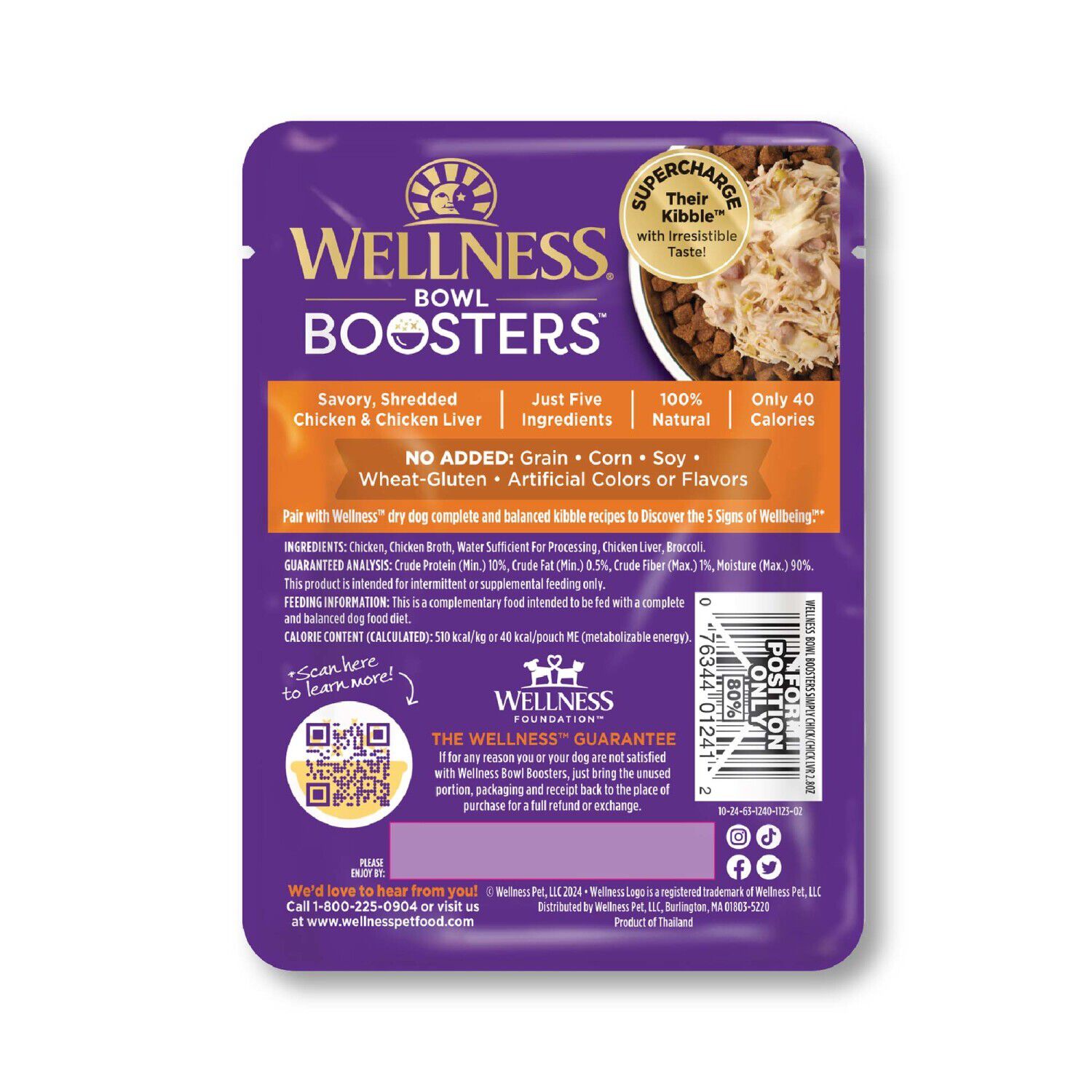 Wellness Bowl Boosters Simply Shreds Grain-Free Wet Dog Food Topper, Chicken Liver & Broccoli Recipe, 2.8-Ounce Pouch