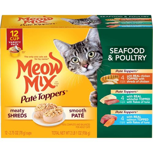 Meow Mix Pate Toppers Seafood And Poultry Recipe Wet Cat Food Variety Pack, 12 2.75oz Cups