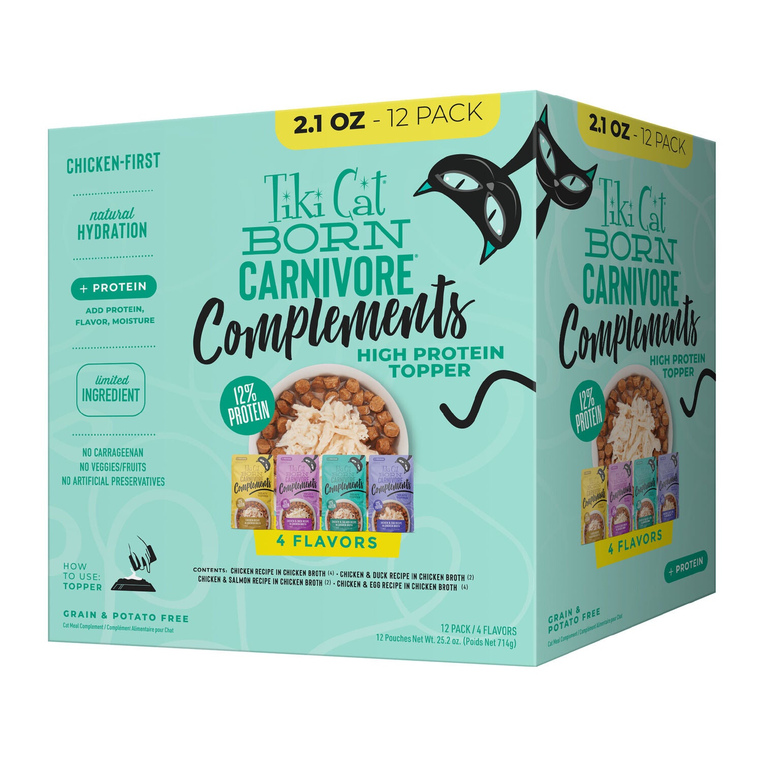 Tiki Cat Born Carnivore Complements High Protein Wet Cat Food Topper, Variety Pack 2.1-Oz Pouch (12 Count)
