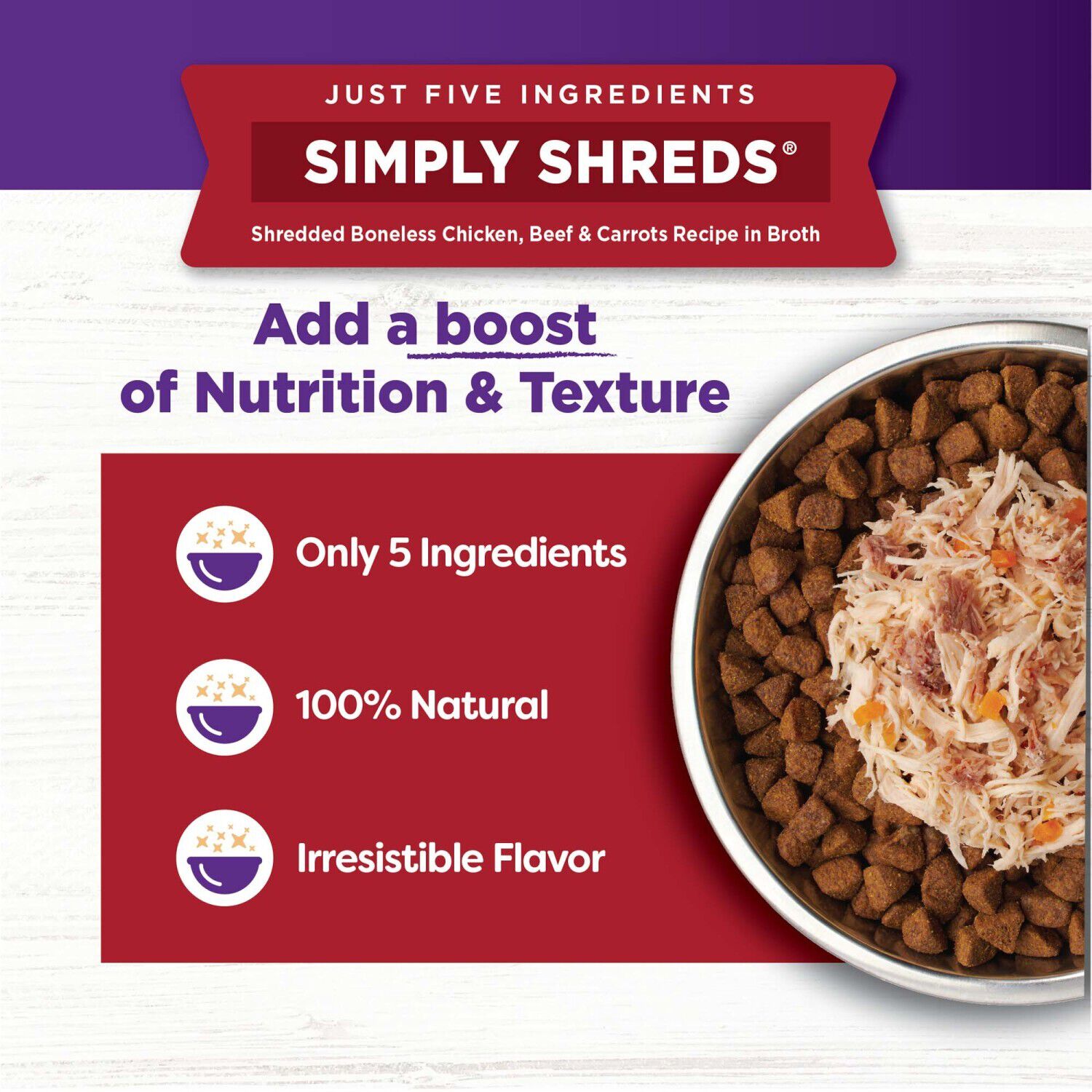 Wellness Bowl Boosters Simply Shreds Grain-Free Wet Dog Food Topper, Chicken, Beef & Carrots Recipe, 2.8-Oz
