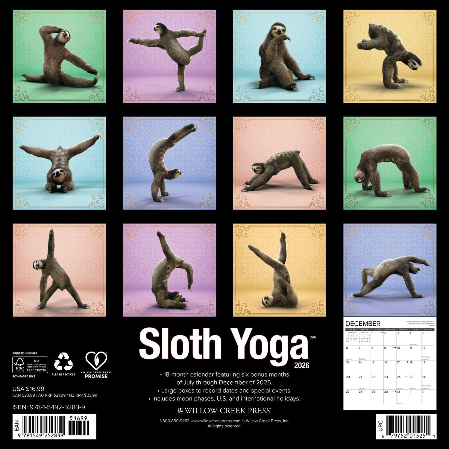 Willow Creek Press 2026 Sloth Yoga Wall Calendar