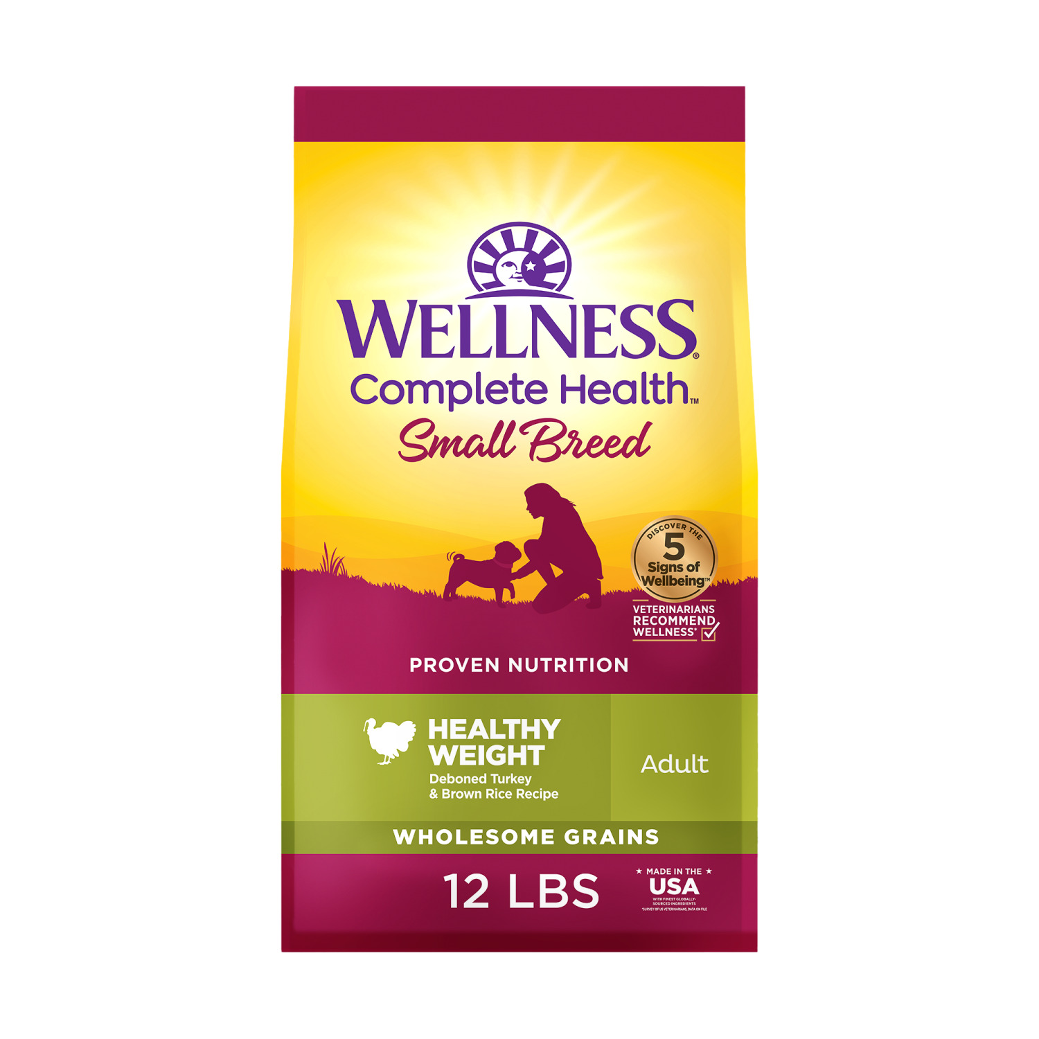 Wellness Complete Health Dry Dog Food, Small Breed, Wholesome Grains, Natural, Healthy Weight Turkey & Brown Rice Recipe, 12-Pound Bag