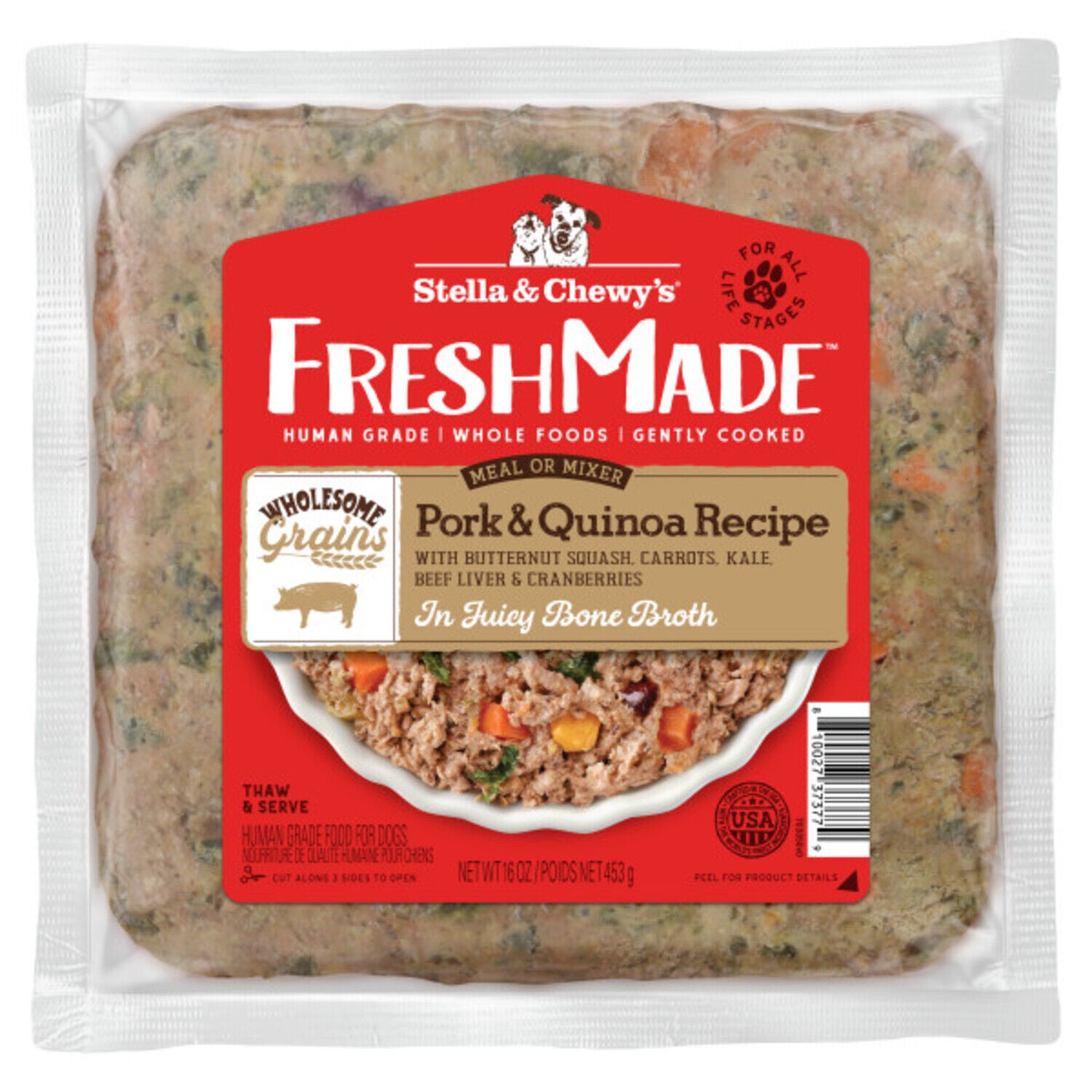 Stella & Chewy's Fresh Made Wholesome Grains Pork & Quinoa Recipe Gently Cooked Dog Food, 16-Oz