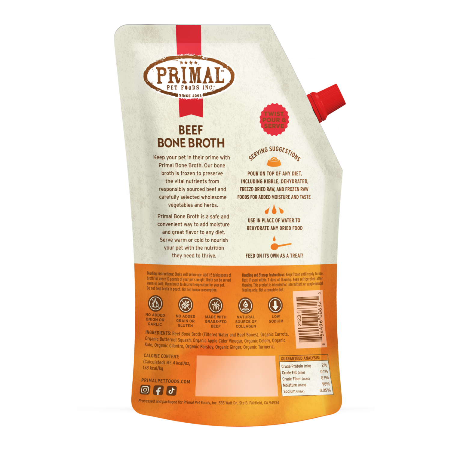 Primal Frozen Beef Bone Broth Dog & Cat Wet Food Topper, 20-Oz