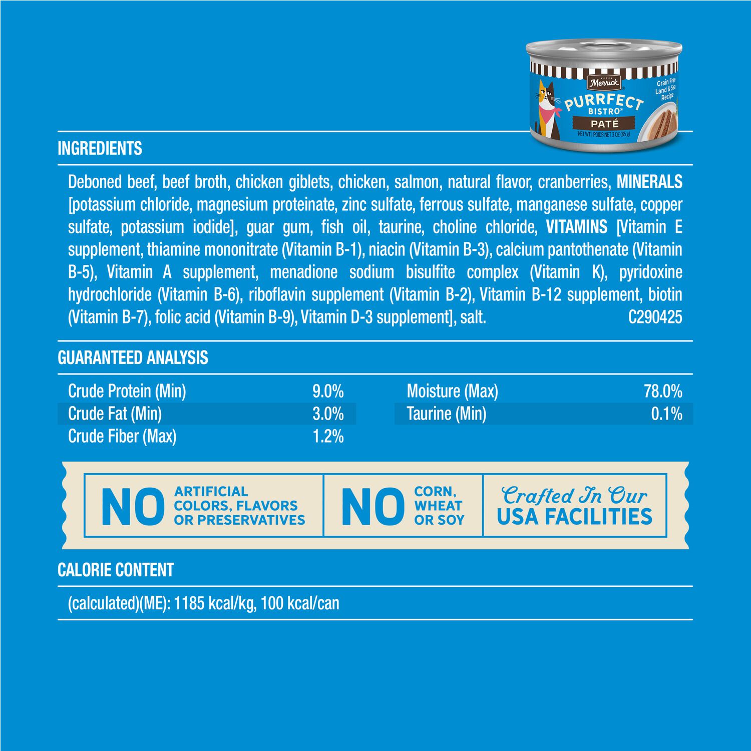 Merrick Purrfect Bistro Grain Free Premium Soft Canned Pate Adult Wet Cat Food, Surfin&rsquo; And Turfin&rsquo; Recipe, 3-Oz Can