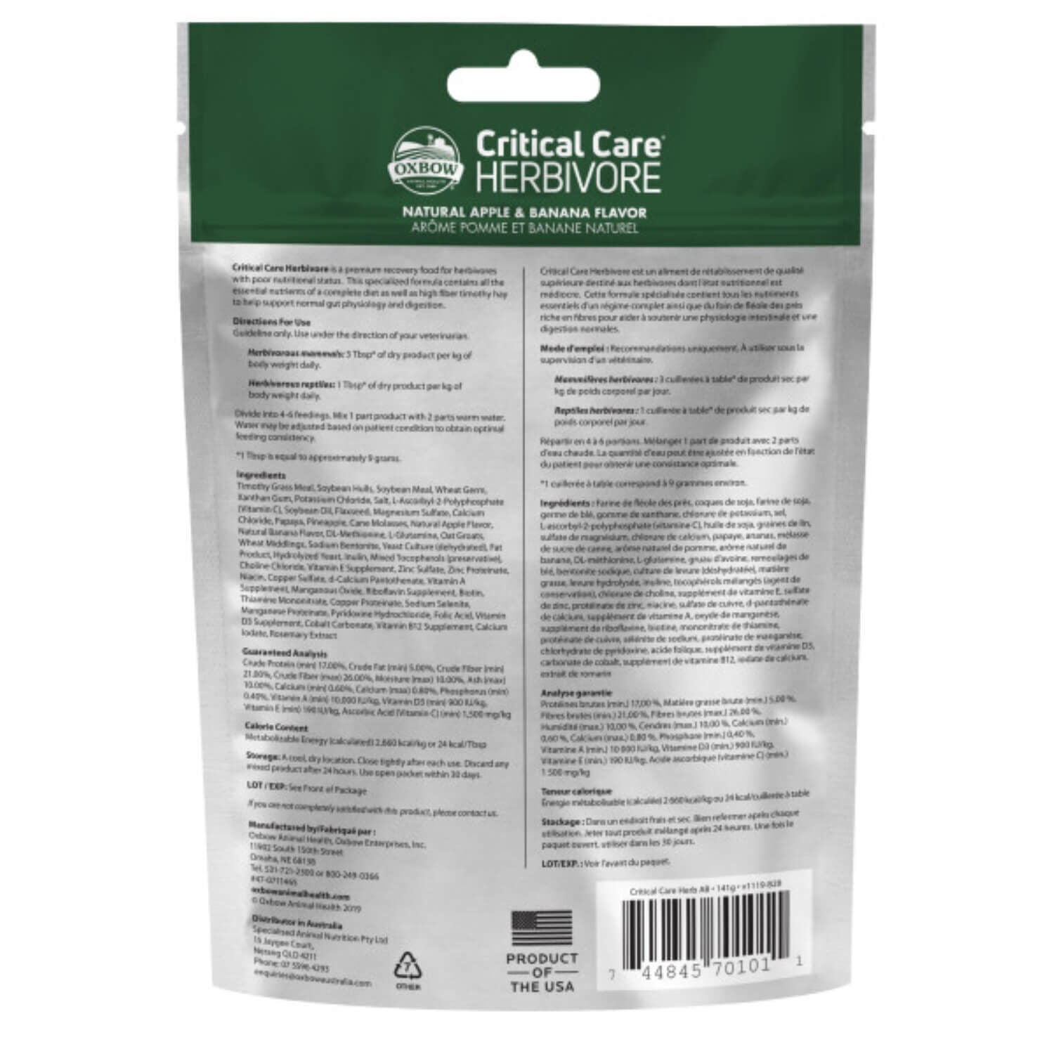 Oxbow Critical Care Herbivore Apple & Banana Recovery Nutrition Supplement For Herbivorous Small Pet Species