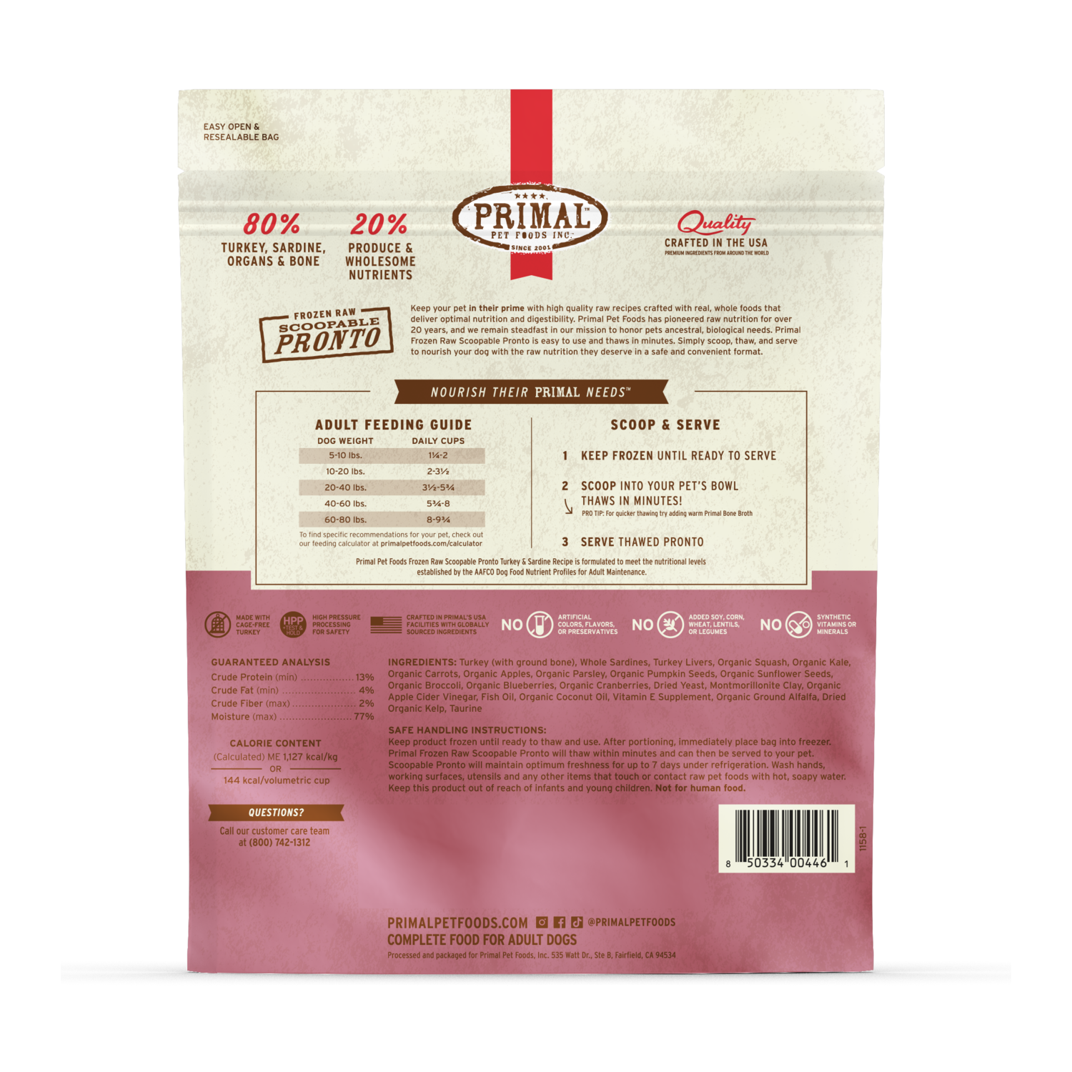 Primal Pronto Frozen Raw Turkey & Sardine Formula Dog Food, 4-Lb Bag