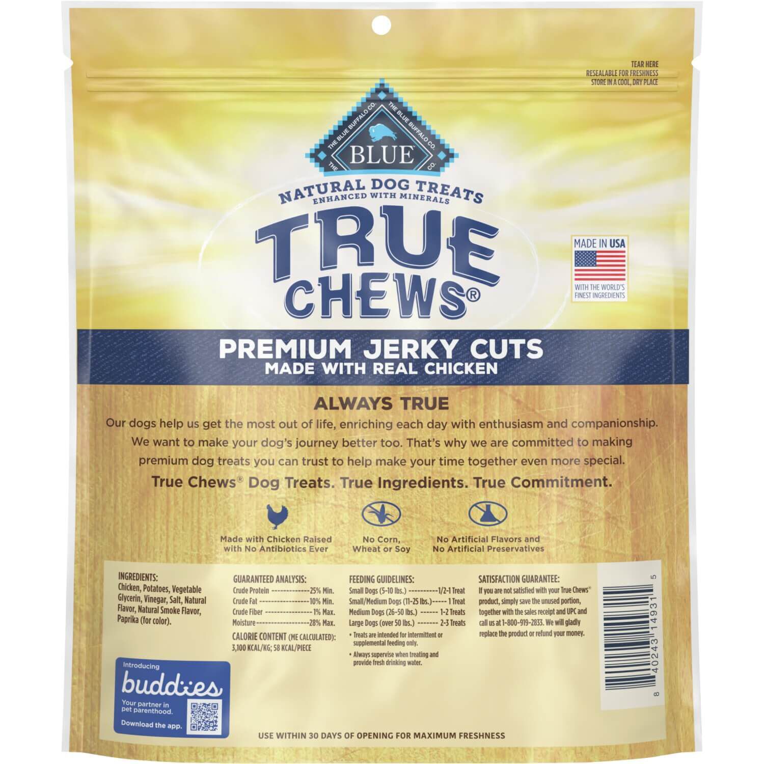 Blue Buffalo True Chews Premium Jerky Cuts Natural Dog Treats, Chicken, 4Oz