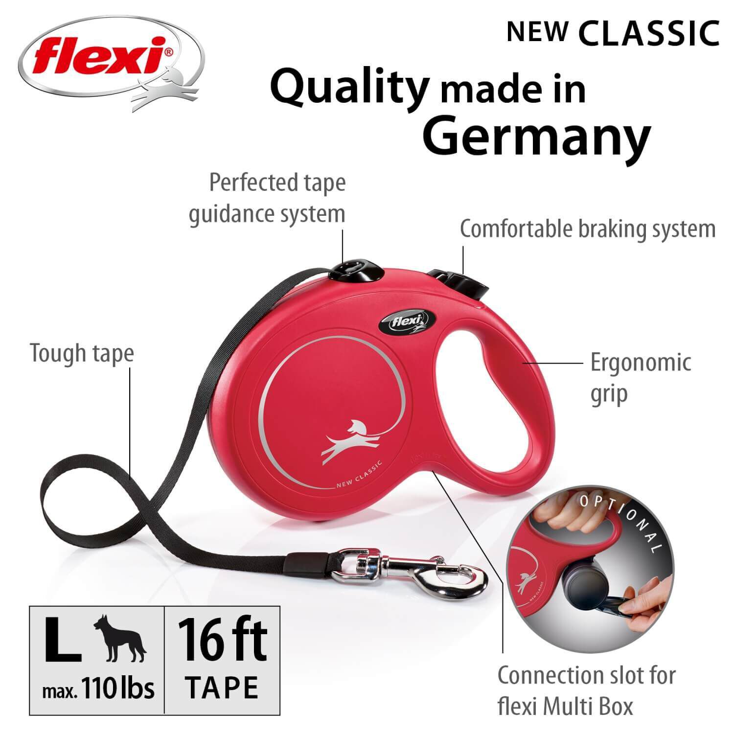 Flexi Classic Retractable Tape Dog Leash - Red, 16Ft