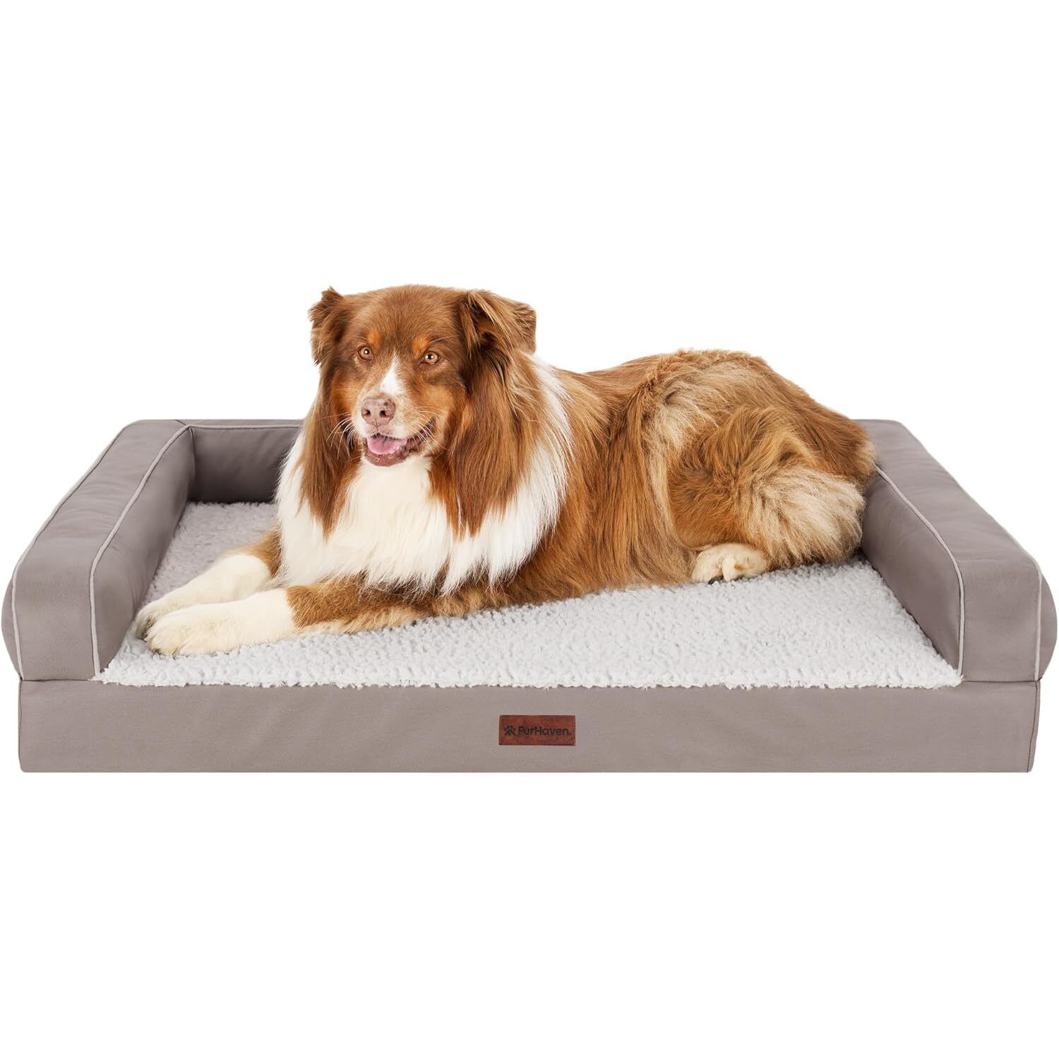 Furhaven Modern Sofa Orthopedic Dog Bed &ndash; Memory Foam Couch With Bolsters, Textured Plush & Water-Resistant Cover, Washable Cover, Joint Support - Greige