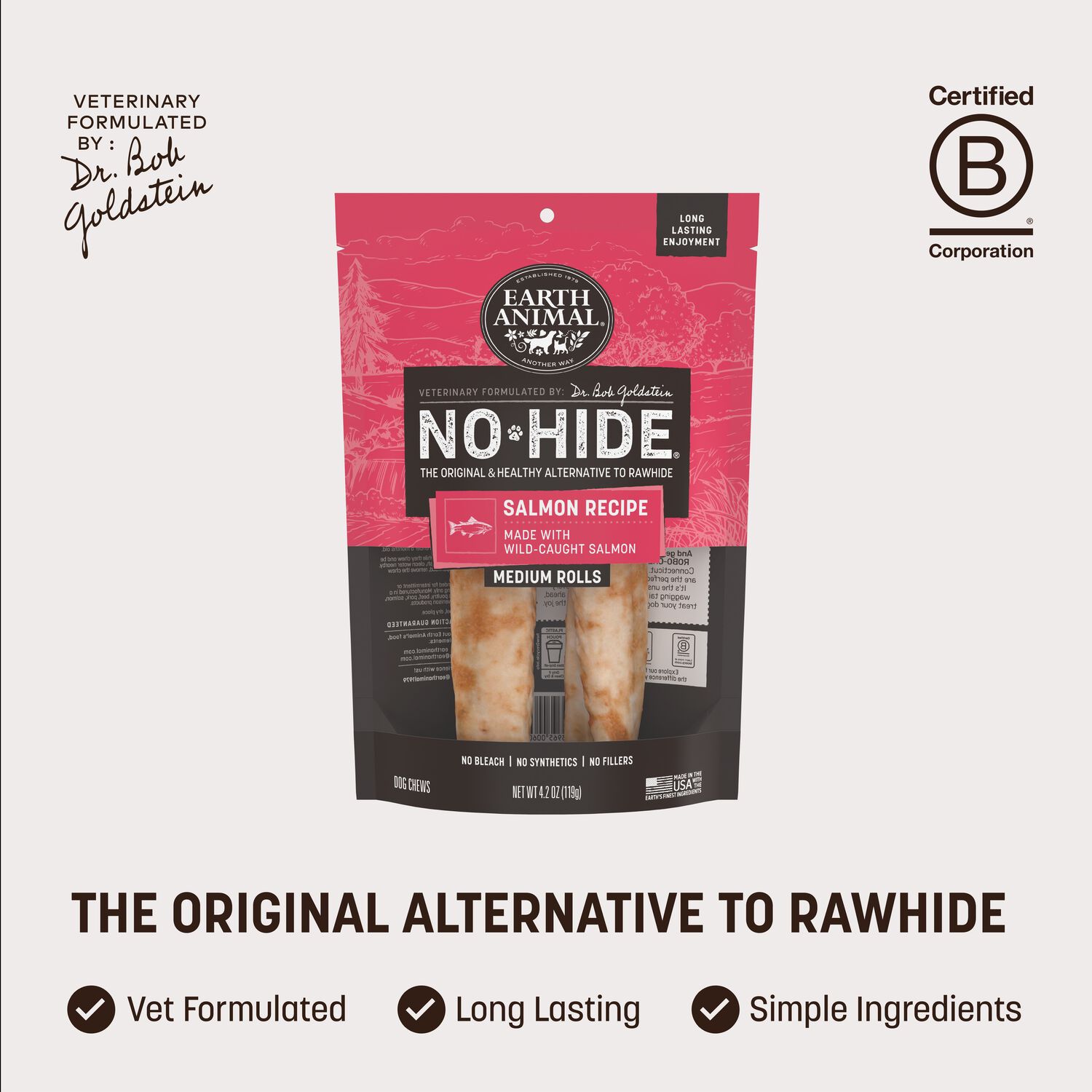 Earth Animal No-Hide Rawhide Alternative Salmon Recipe Medium Dog Chew Treat, 2 Pack, 7"