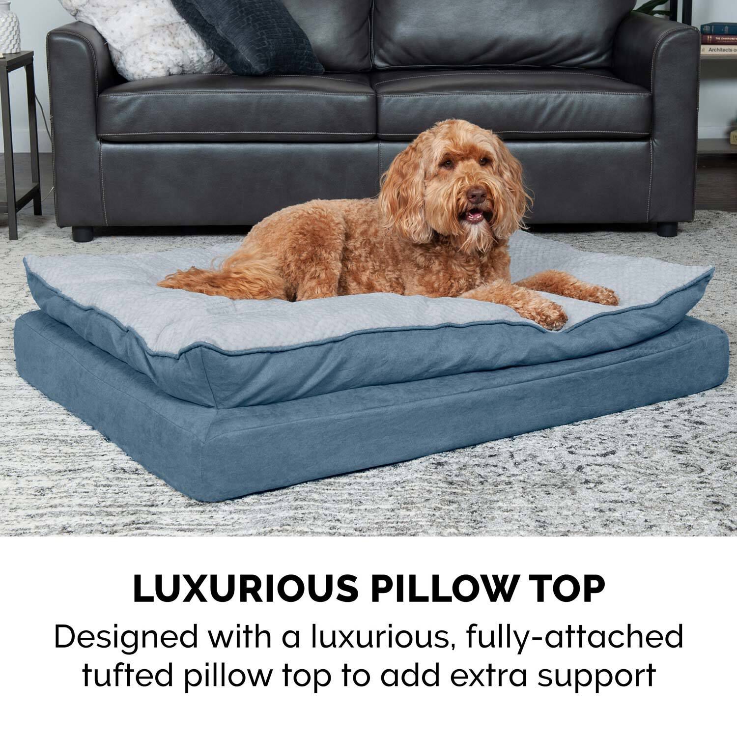 Furhaven Minky Faux Fur Suede Pillow Top Bed Stonewash Blue 1M Pet Supermarket