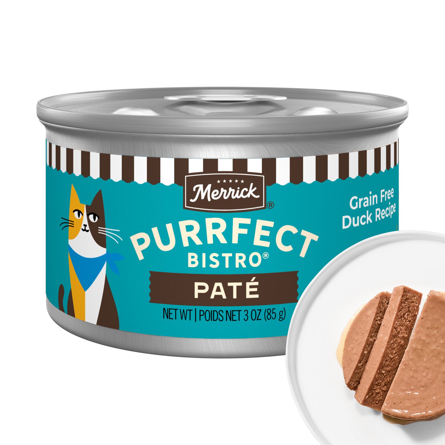 Merrick Purrfect Bistro Grain Free Premium Soft Canned Pate Adult Wet Cat Food, High Protein Duck Recipe, 3-Oz Can