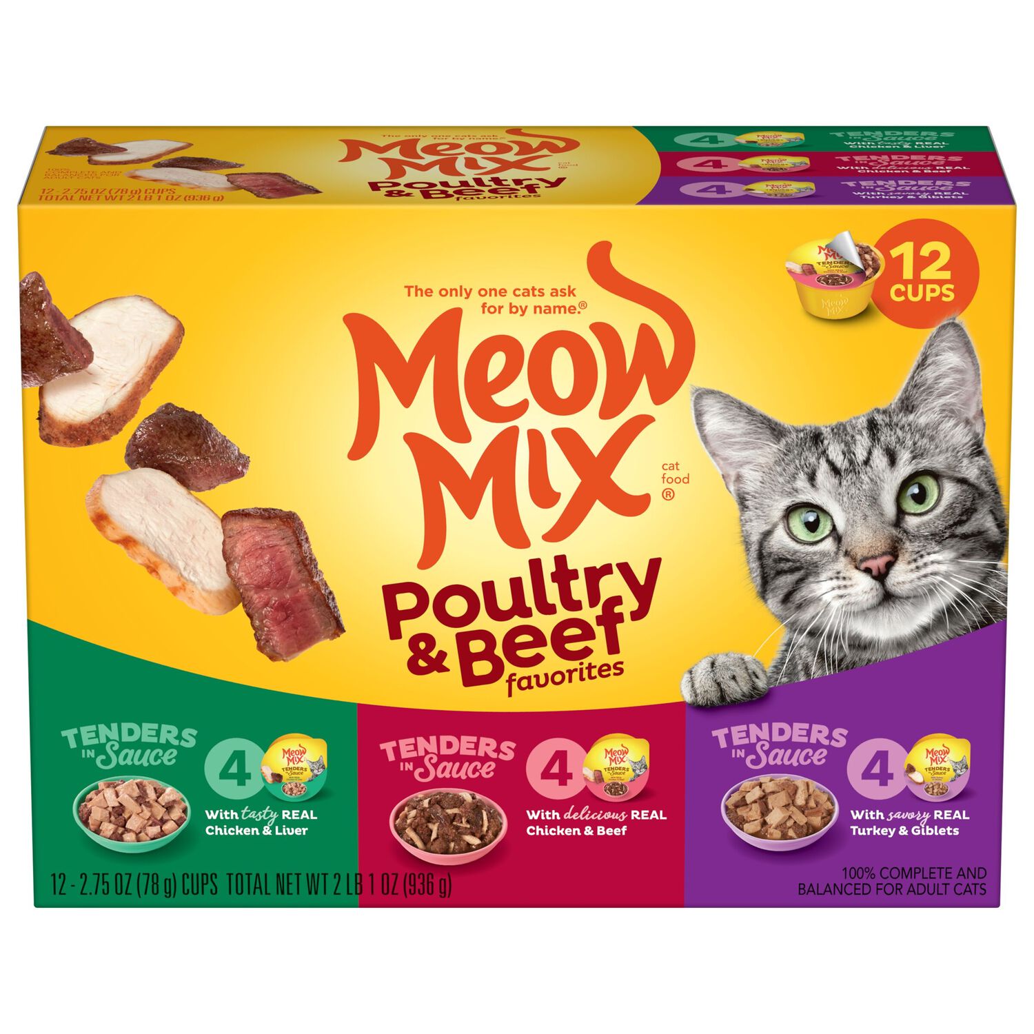 Meow Mix Tenders In Sauce Poultry And Beef Favorites Wet Cat Food Variety Pack, 12-2.75-Oz Cups