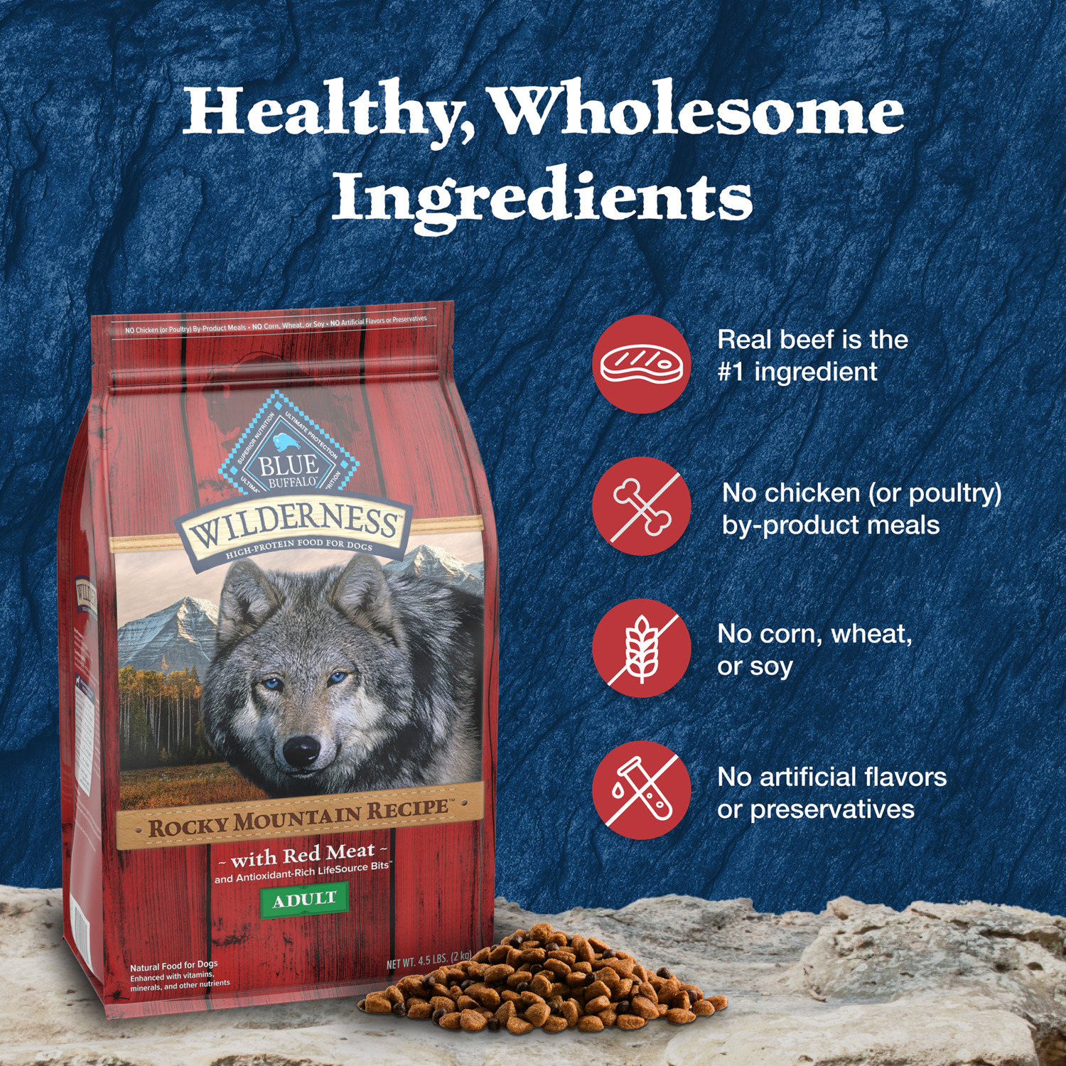 Blue Buffalo Wilderness Red Meat & Grains Rocky Mountain Recipe High-Protein Large Breed Adult Dry Dog Food, 22Lb