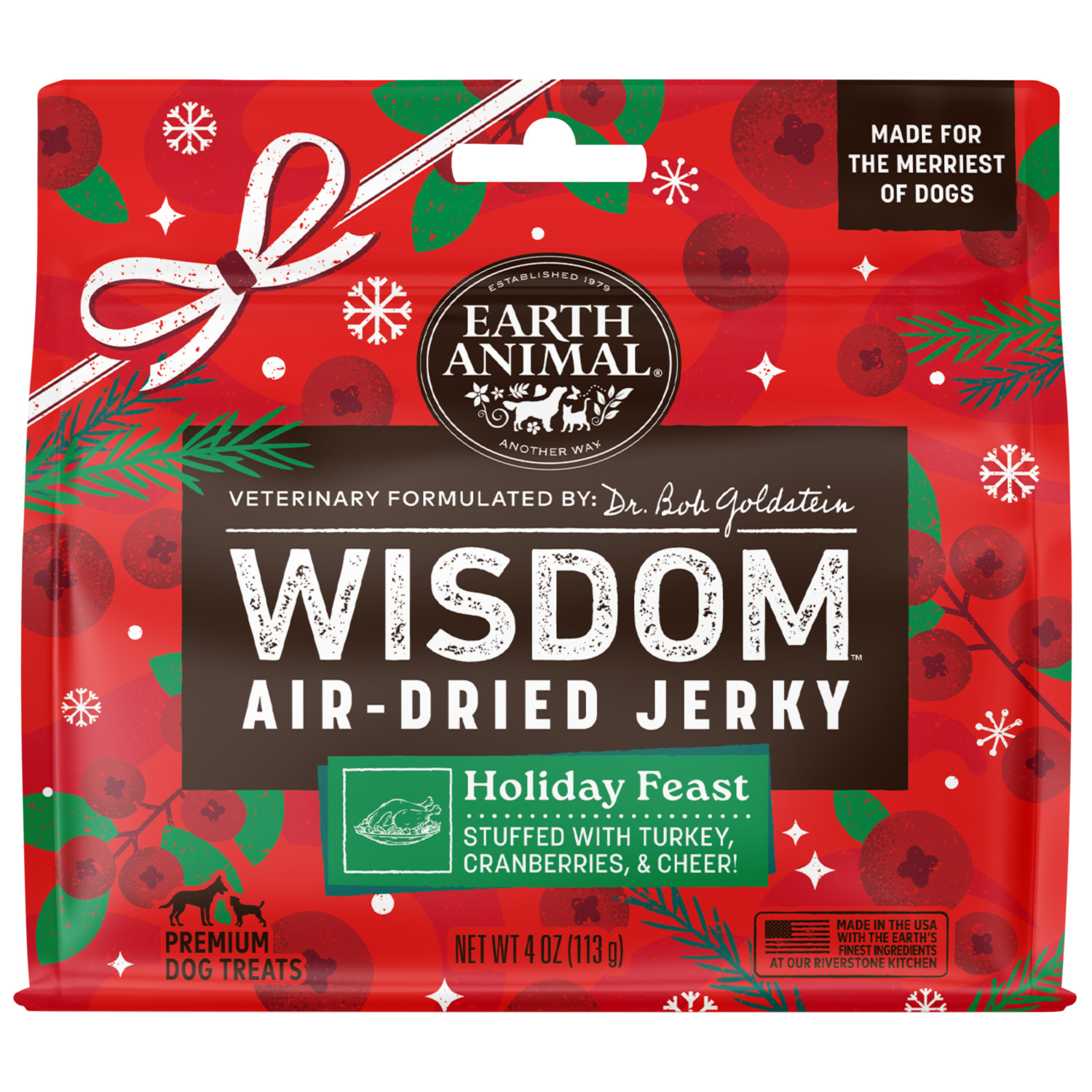 Earth Animal Wisdom Air-Dried Seasonal Holiday Feast Recipe Premium Natural Jerky Strips Dog Treats, 4-Oz