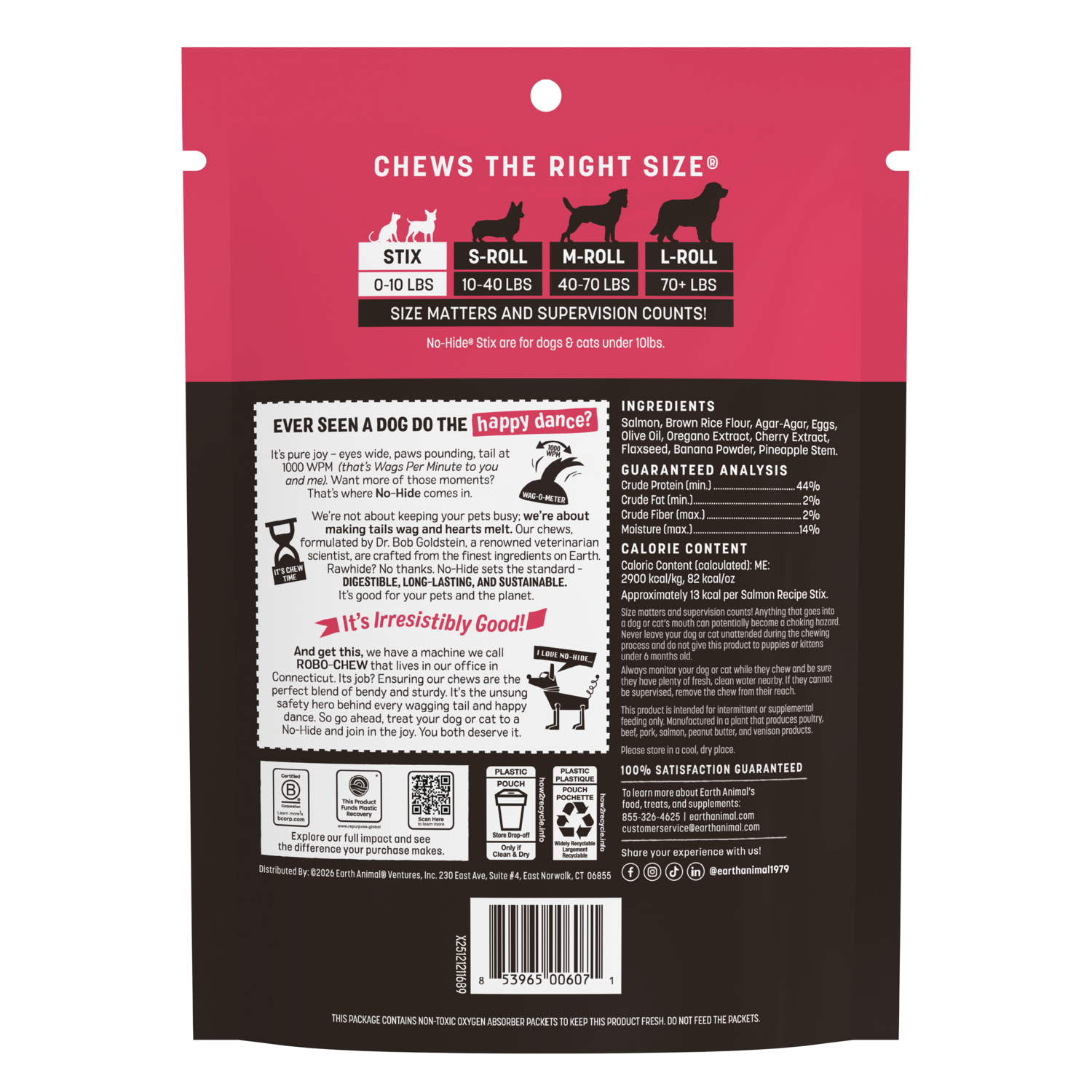 Earth Animal No-Hide Rawhide Alternative Dog & Cat Treat Stix, Wild Caught Salmon, 10 Pack