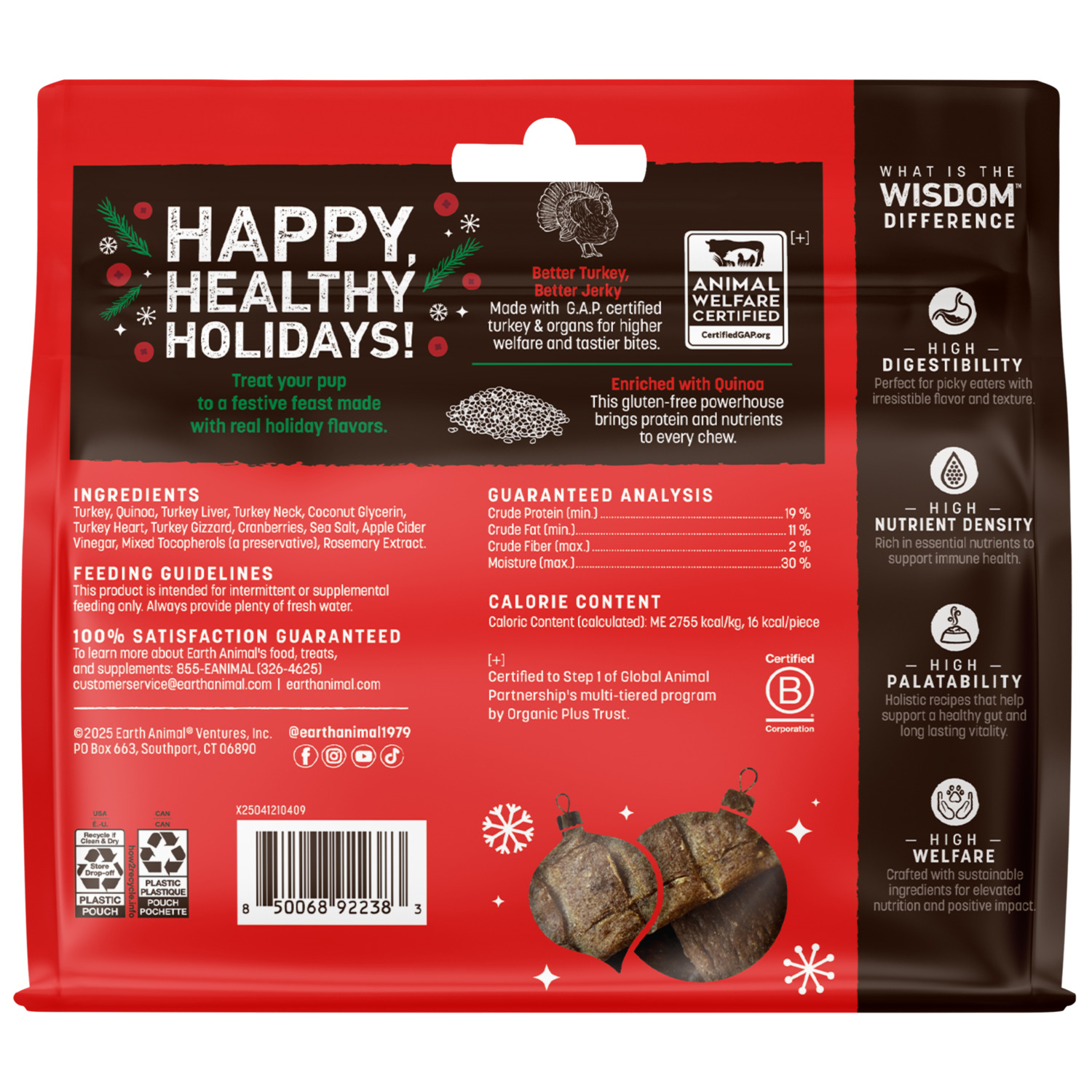 Earth Animal Wisdom Air-Dried Seasonal Holiday Feast Recipe Premium Natural Jerky Strips Dog Treats, 4-Oz