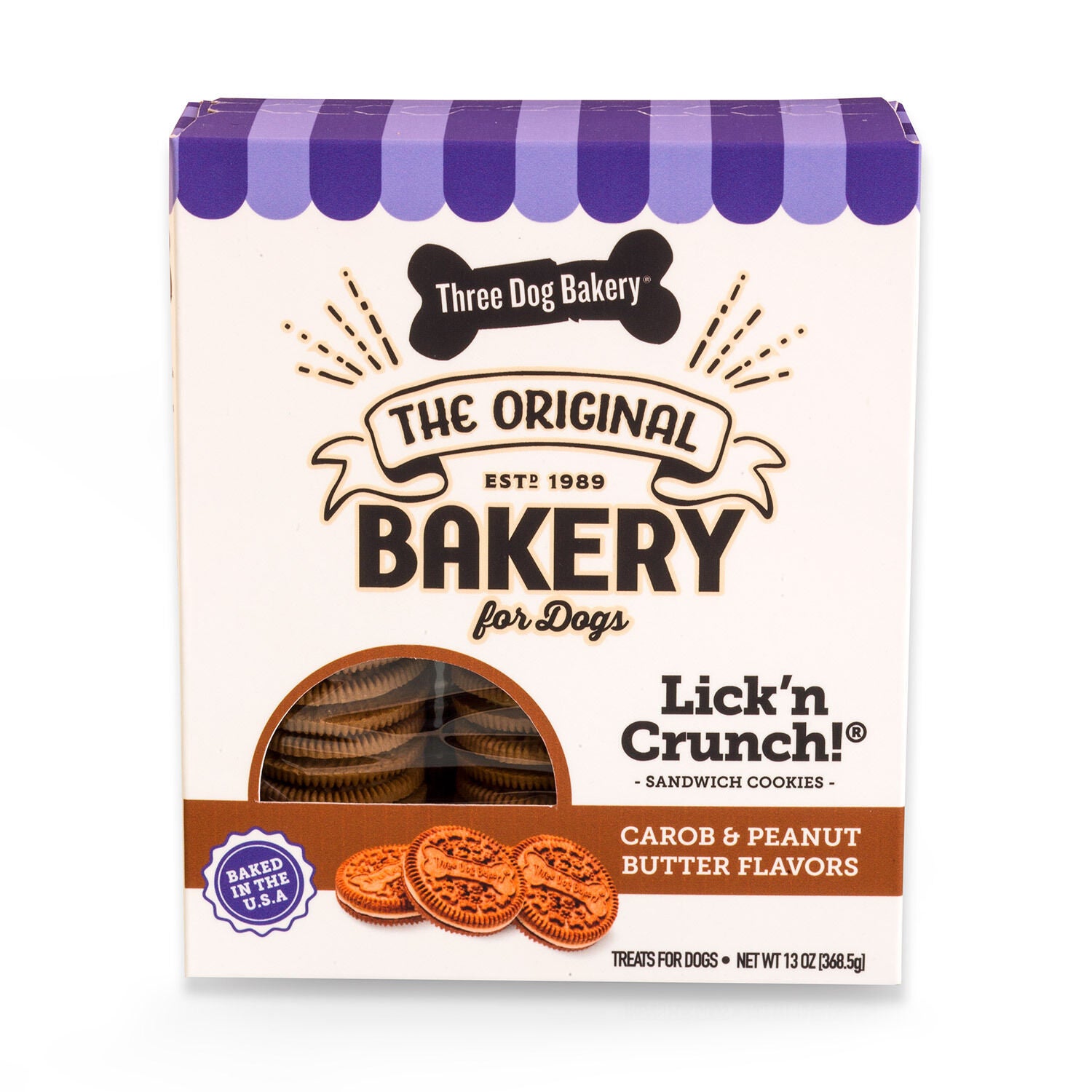 Three Dog Bakery Lick'n Crunch! Sandwich Cookies - Carob & Peanut Butter Flavours