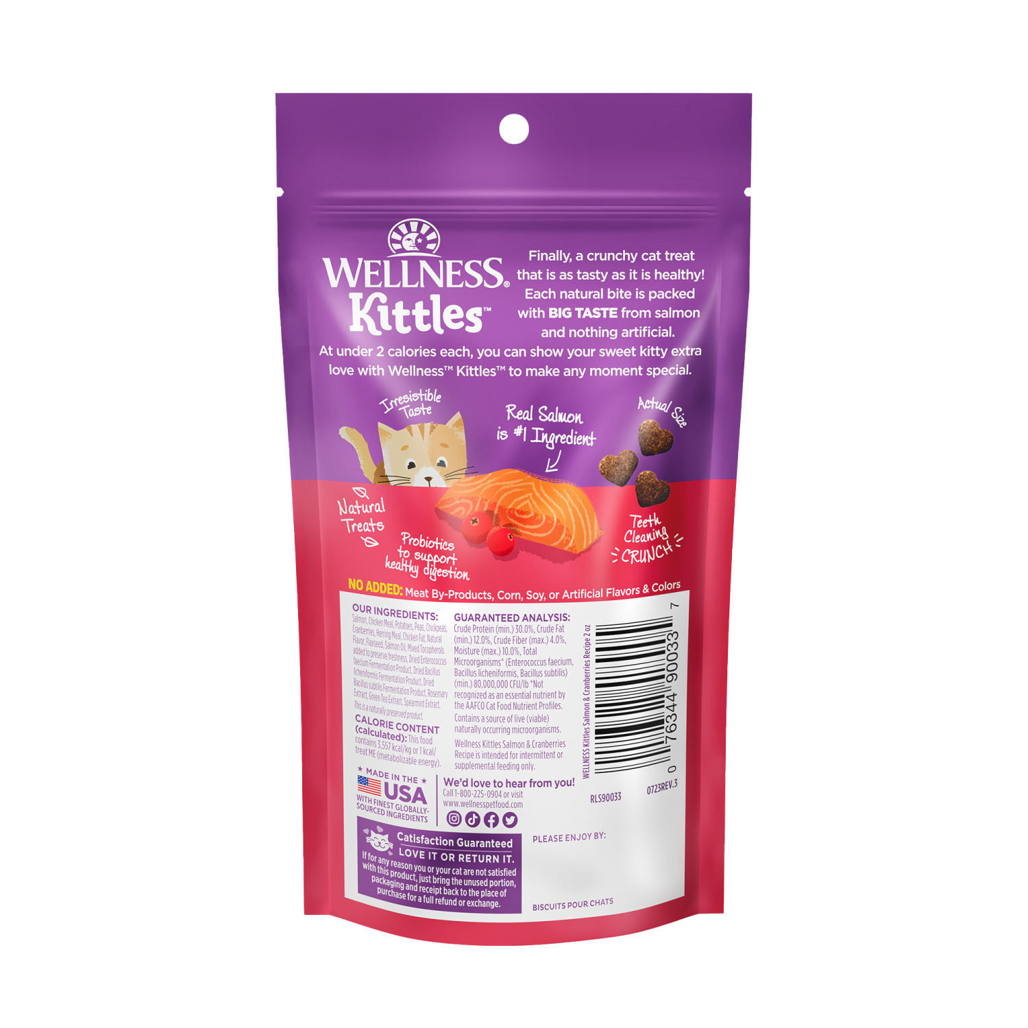 Wellness Kittles Crunchy Natural Grain Free Cat Treats, Salmon & Cranberries Recipe, All Life Stages, 2-Ounce Bag