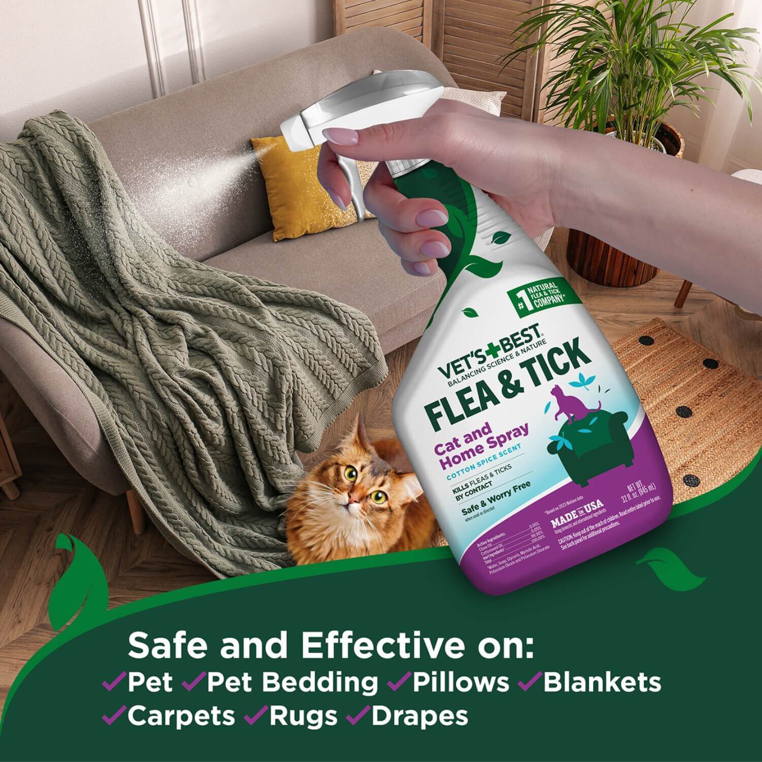 Vets Best Flea & Tick Cat & Home Spray, Cotton Spice Scent