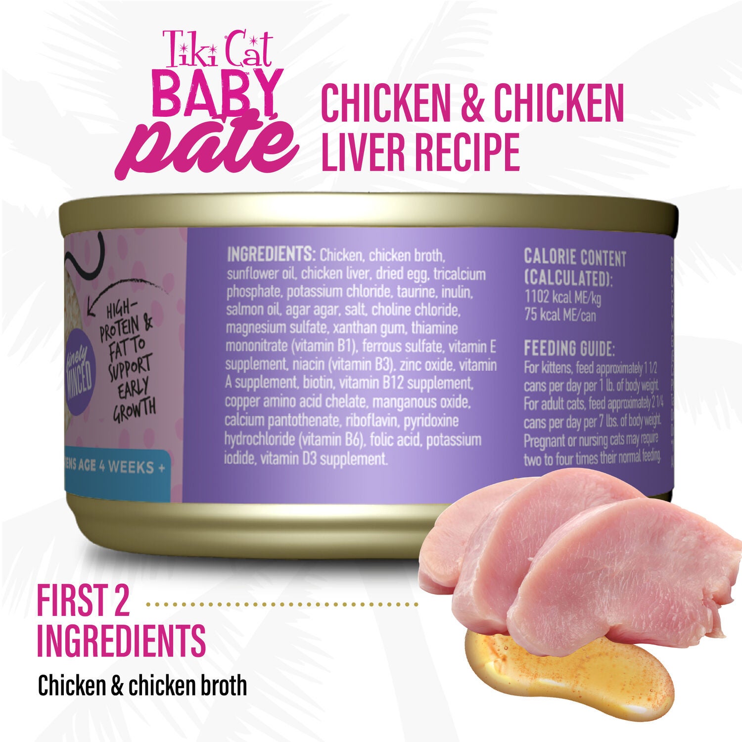 Tiki Cat Baby Pate Wet Cat Food For Kittens, Chicken & Chicken Liver, 2.4-Oz Can Pack Of 12