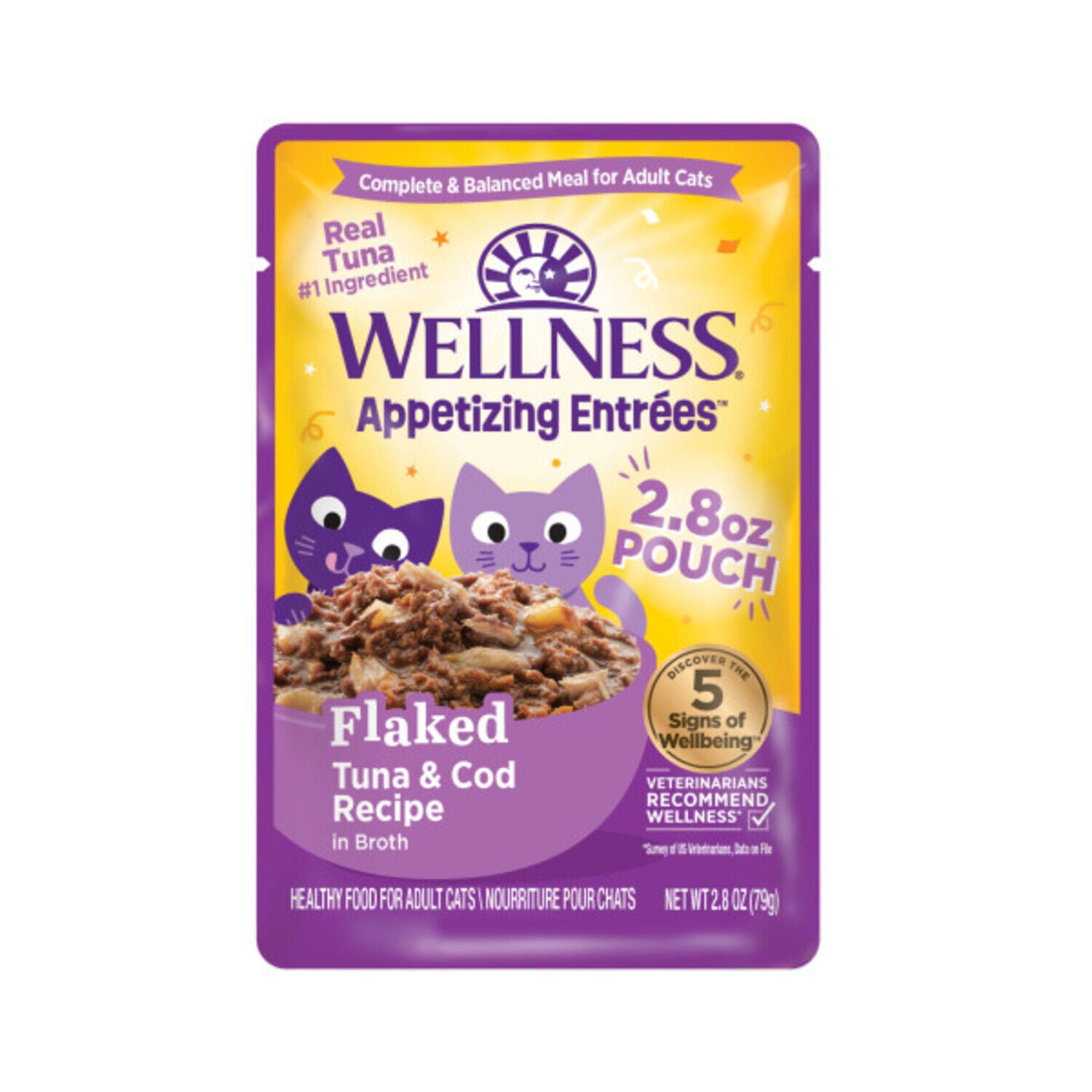 Wellness Appetizing Entr&eacute;es Flaked Adult Wet Cat Food, Natural, Protein-Rich, Grain-Free, 2.8-Ounce Pouch, Tuna & Cod Recipe