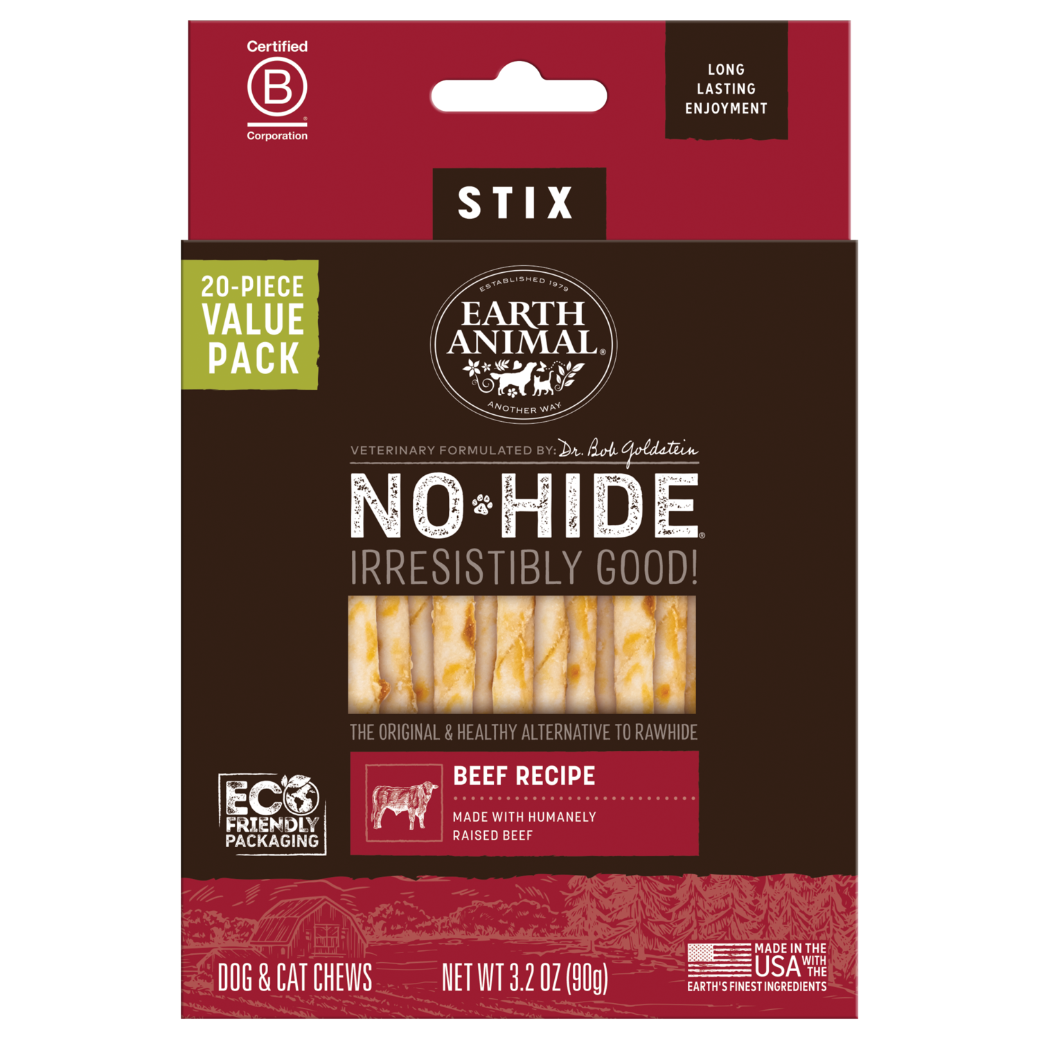 Earth Animal No-Hide Rawhide Alternative Dog & Cat Treat Stix, Grass-Fed Beef
