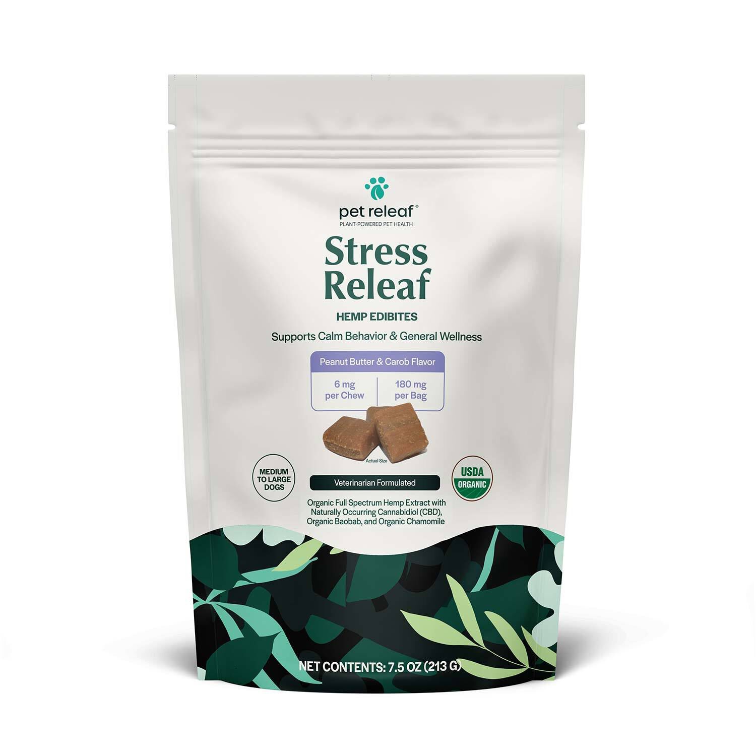 Pet Releaf Stress Releaf Cbd Edibites Medium-Large Dog Chews, Peanut Butter & Carob, 7.5 Oz