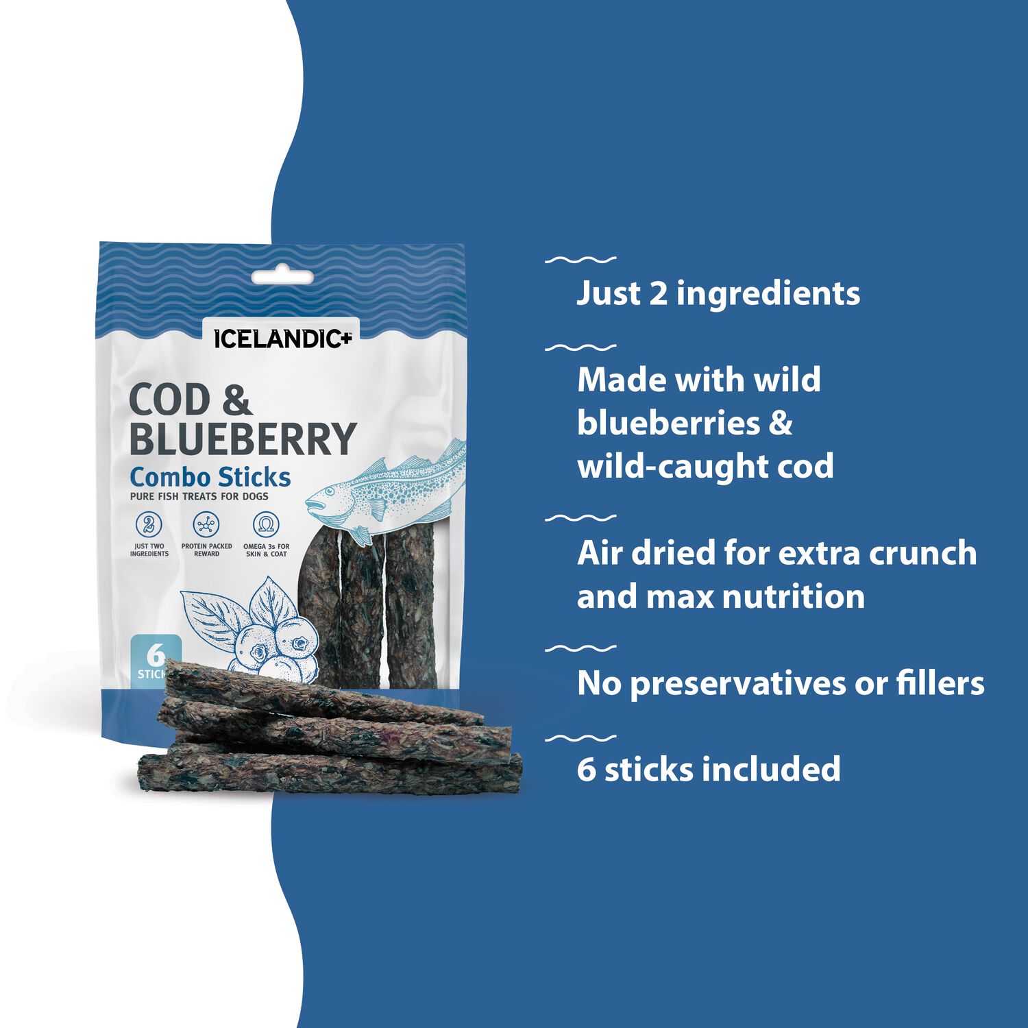 Icelandic+ Cod & Blueberry Combo Sticks Limited Ingredients Dog Treats, 2-Oz.