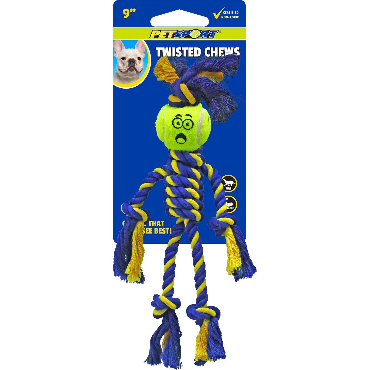 Petsport Twisted Chews-Mini Braided Cotton Rope Rasta Man With Tuff Ball Dog Toy, 9"