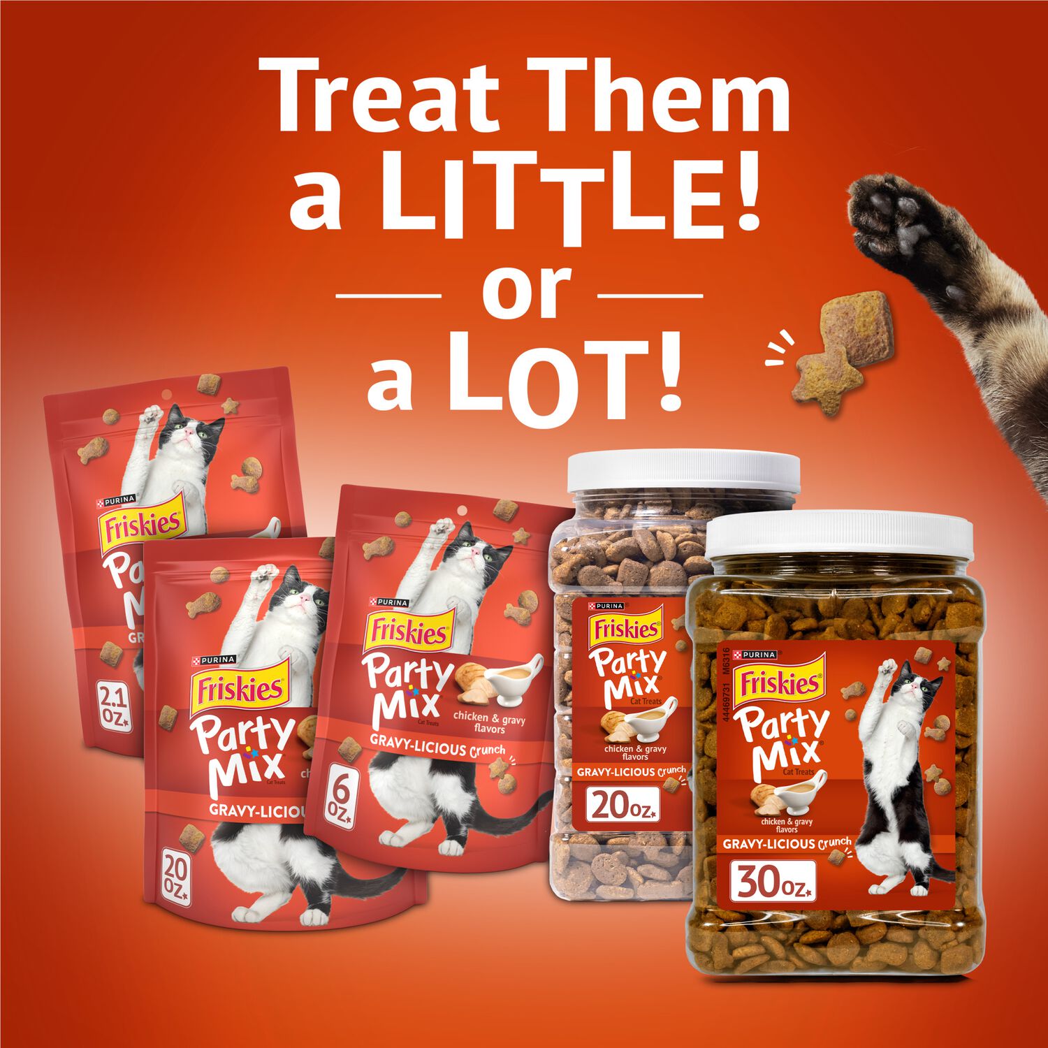 Purina Friskies Party Mix Gravy-Licious Chicken & Gravy Flavor Low-Calorie Crunchy Cat Treats, 20-Oz